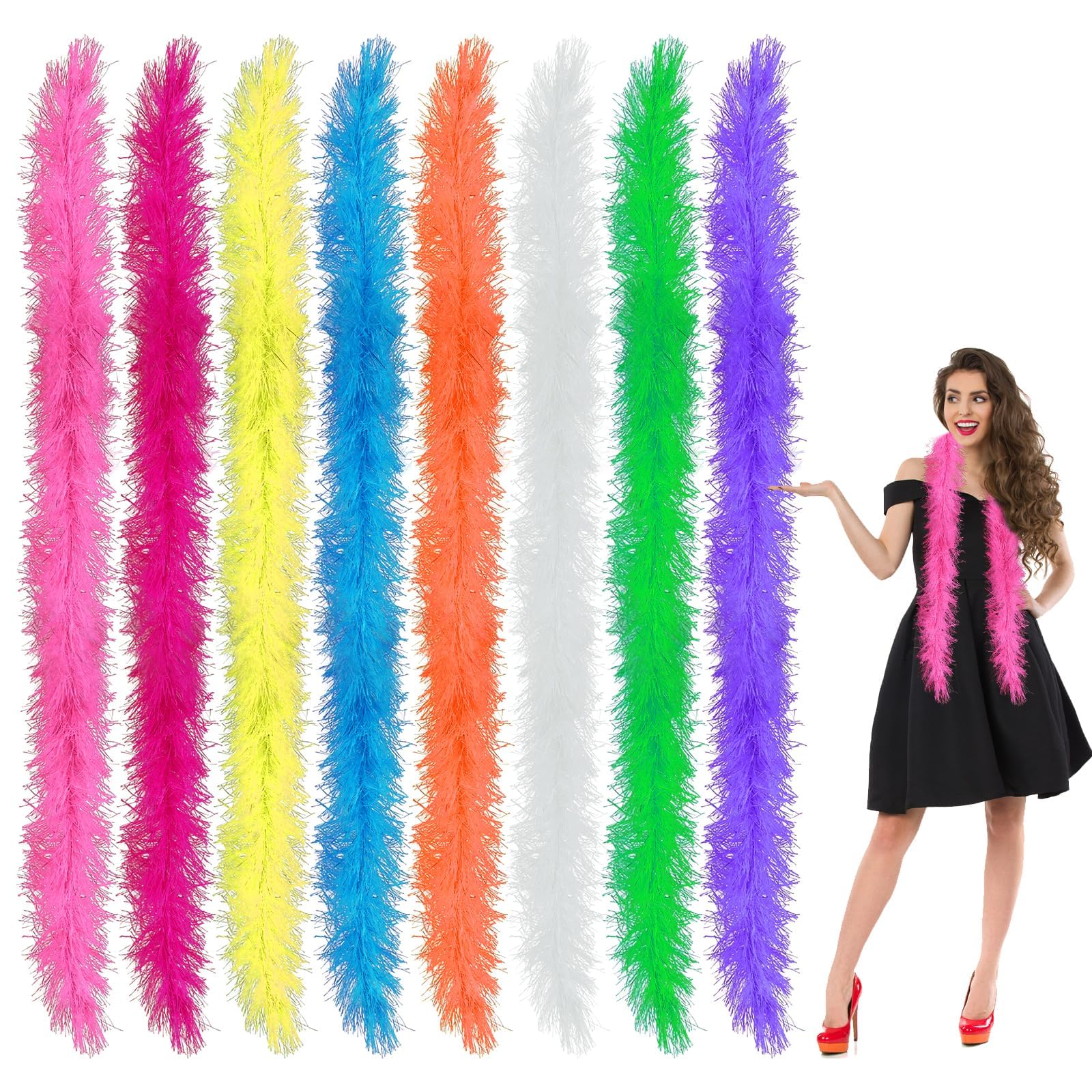 16 Pack Colourful Feather Boas 150cm,Fluffy Feather Scarf Party Costume Accessories for Women,Rainbow Feather Boa for Hen Party Halloween Christmas Fancy Dress(8 Colors)