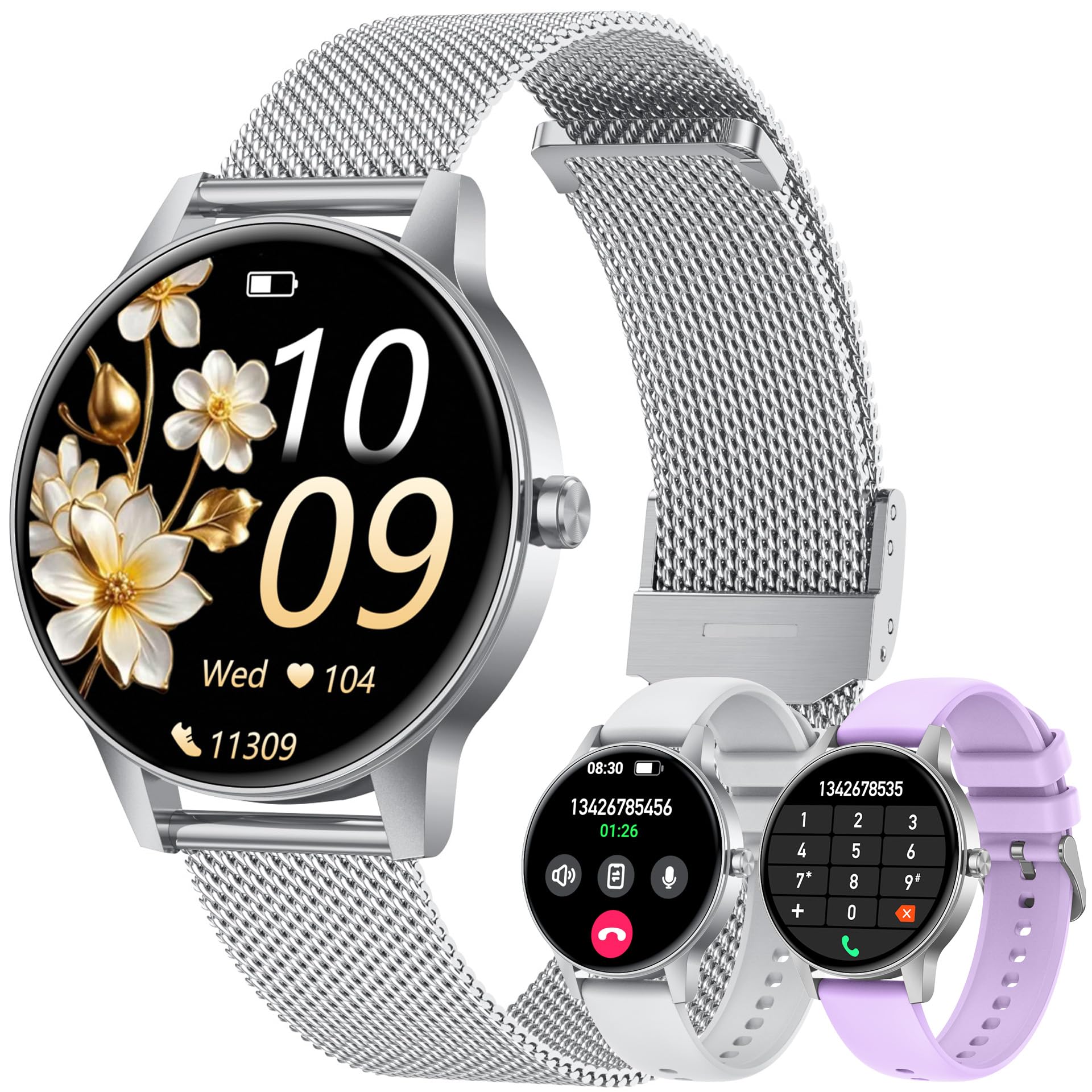 Smartwatch Donna Orologio Chiamate Bluetooth: 1,27" Tondo Touch Orologi Smart Watch da Impermeabile Sport Fitness Contapassi Cardiofrequenzimetro Pressione Caloriec Argento Polso Android iOS Telefono