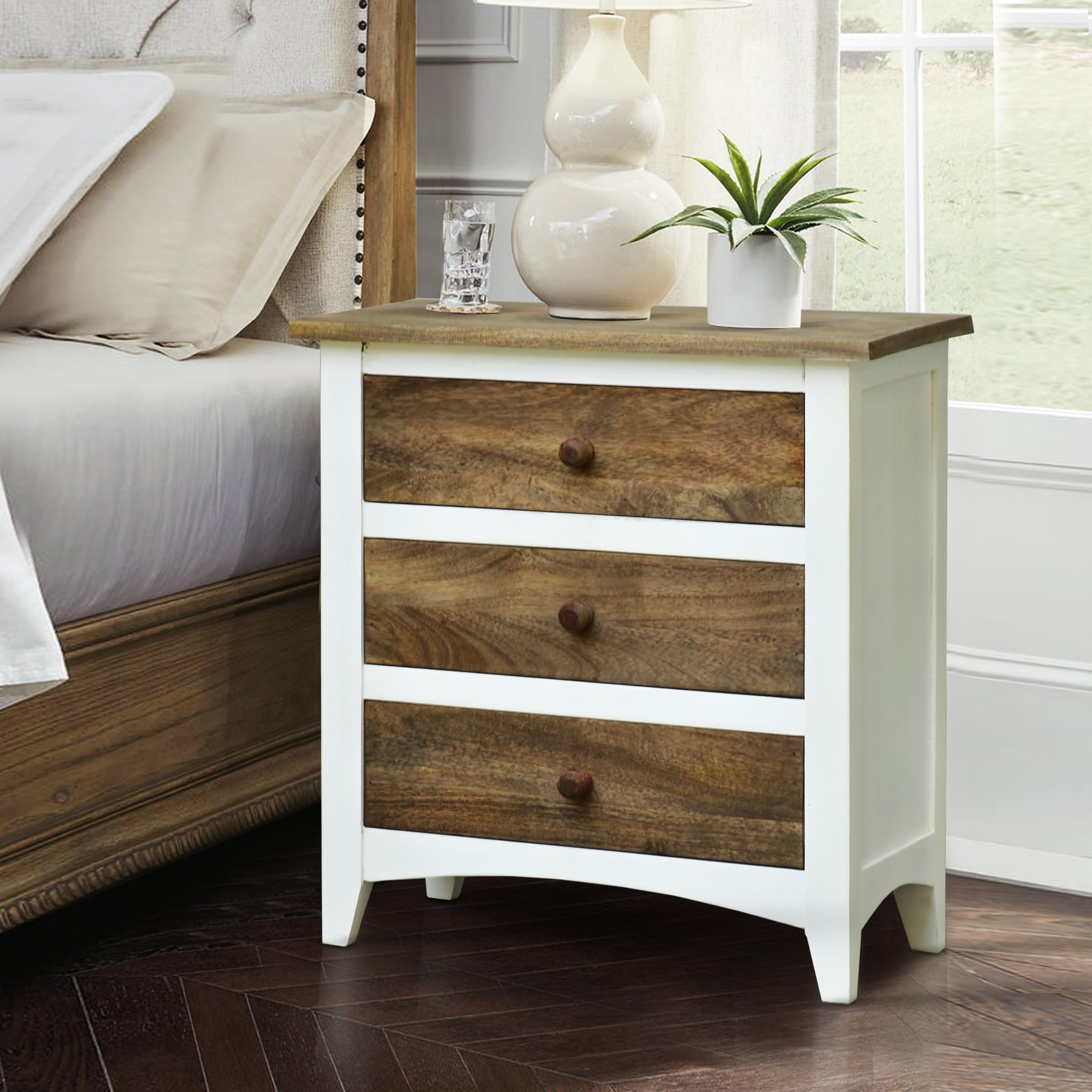 Varnivo Decor Sheesham Wood 3 Drawer Bed Side Table, Night Stand Table Solid Solid Wood Side Table (Finish Color - Natural and White-image-49