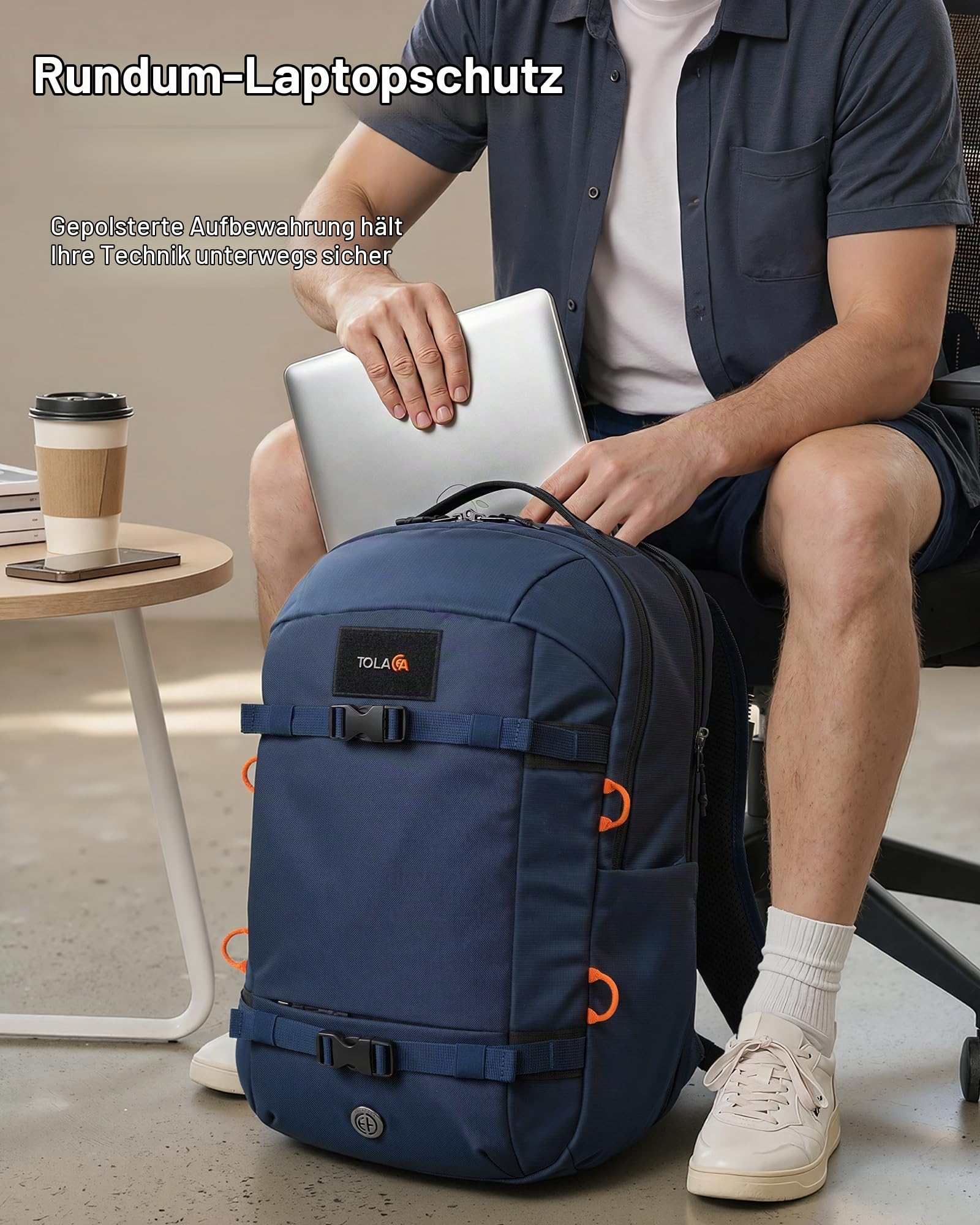 Tolaccea Reiserucksack 30L Damen Herren, Handgepäck Rucksack 16 Zoll Laptop | Nachhaltiges RPET. 180°-Laptopfach bis 16" mit EVA-Schutz. YKK-Reißverschluss. Standfeste Bodenplatte