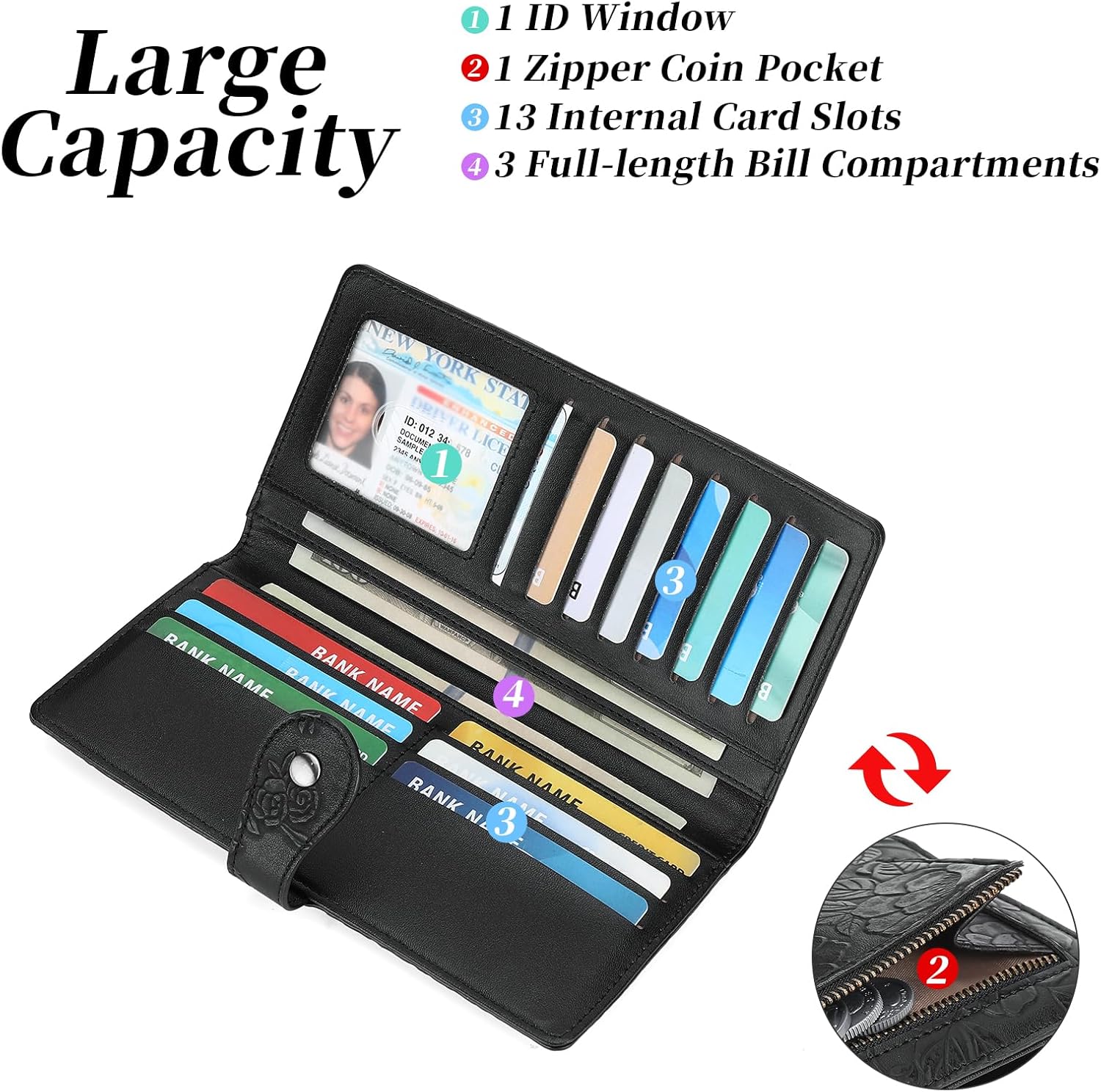 GAEKEAO Womens Wallet Slim Thin RFID Blocking Ladies Card Holder Floral Vegan Leather Long Bifold Clutch with Zipper Pocket - Image 2