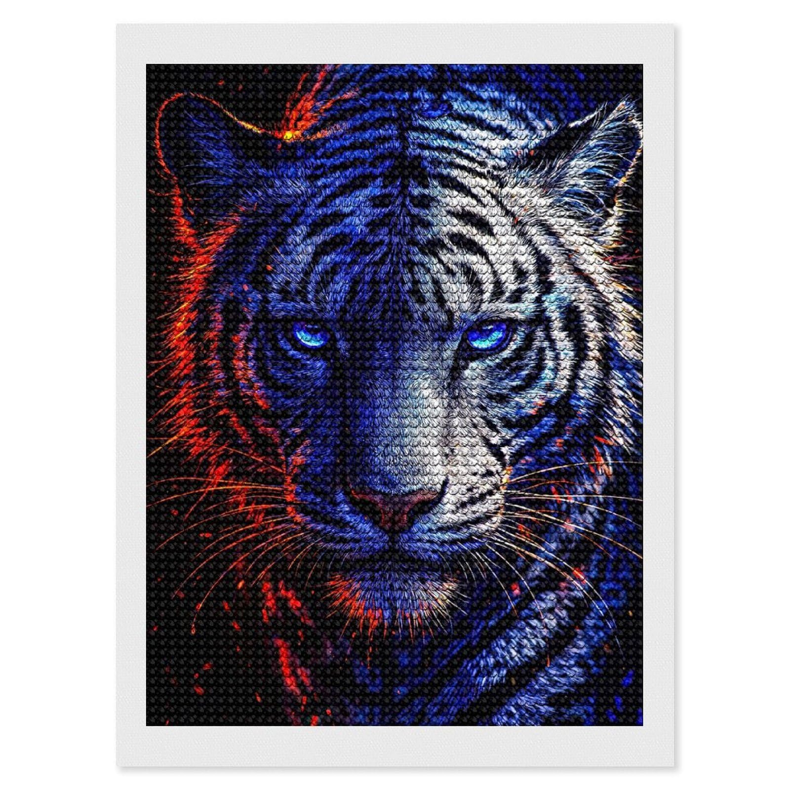 Junmoney Fiery Blue Tiger Portrait Diamond Art Canvas 12"x16", for Teens, Nice Detail and Sparkle, Farmhouse Decor, Festive Craft Gift, Easy to Enjoy