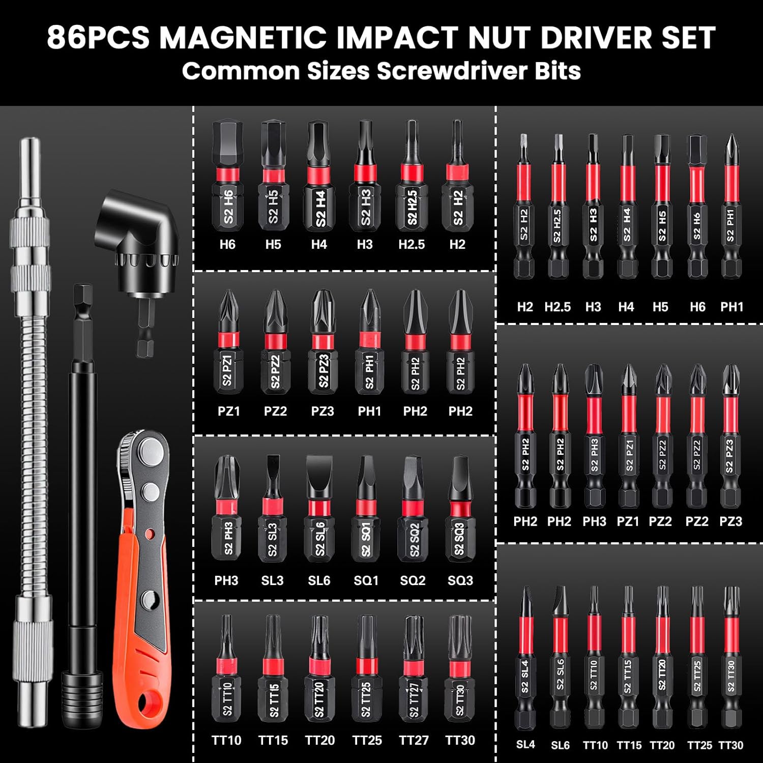 86-Piece Magnetic Impact Nut Driver Set, Deep Impact Sockets & S2 Bits, Chrome Vanadium Steel, Full Metric & SAE Range for Impact Drivers & Drills