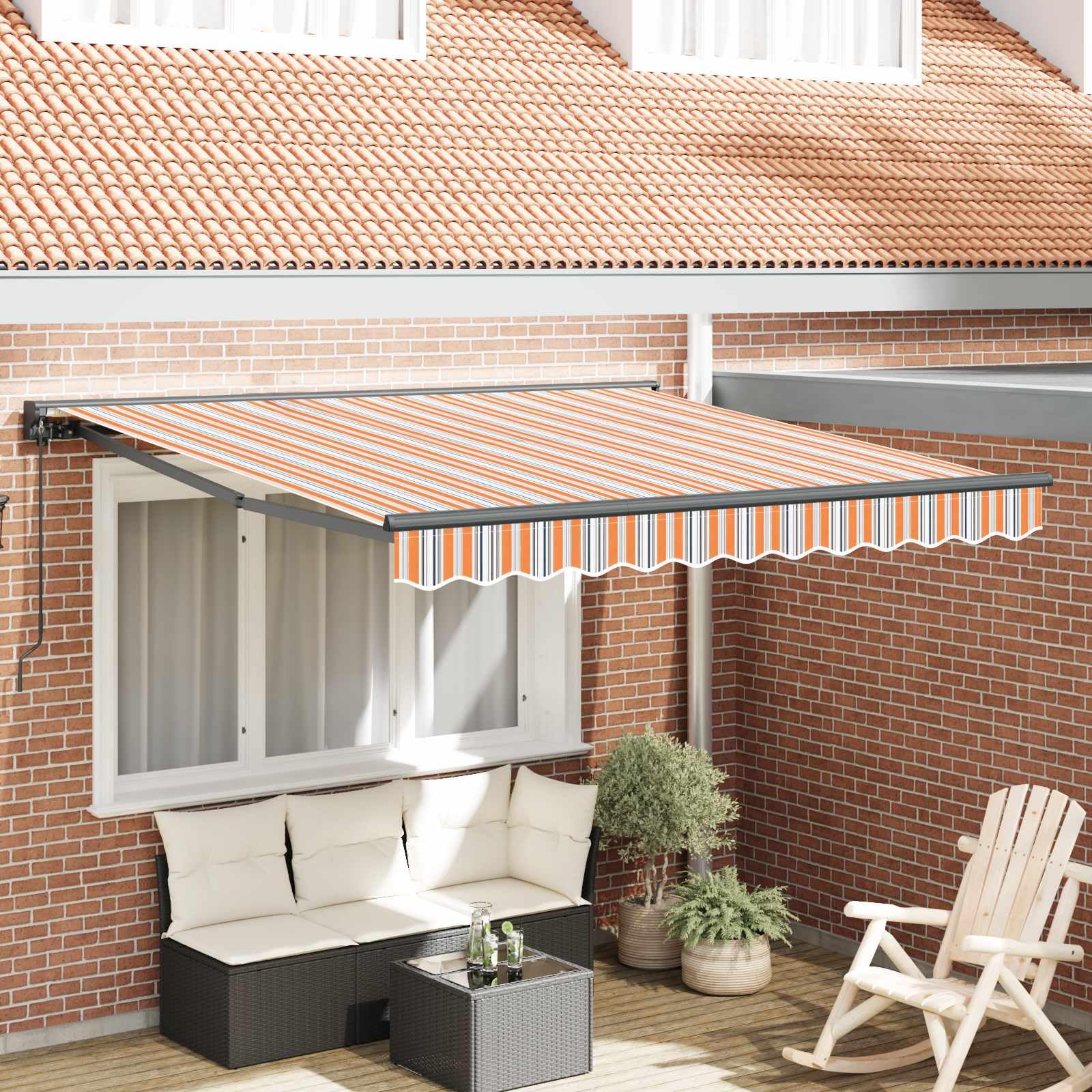 Semi-Kassetten Markise zum Sonnenschutz in Blau und Orange 300 x 250 cm Aluminium und Stoff, Einziehbare Markise für Terrasse und Garten mit manueller und elektrischer Bedienung