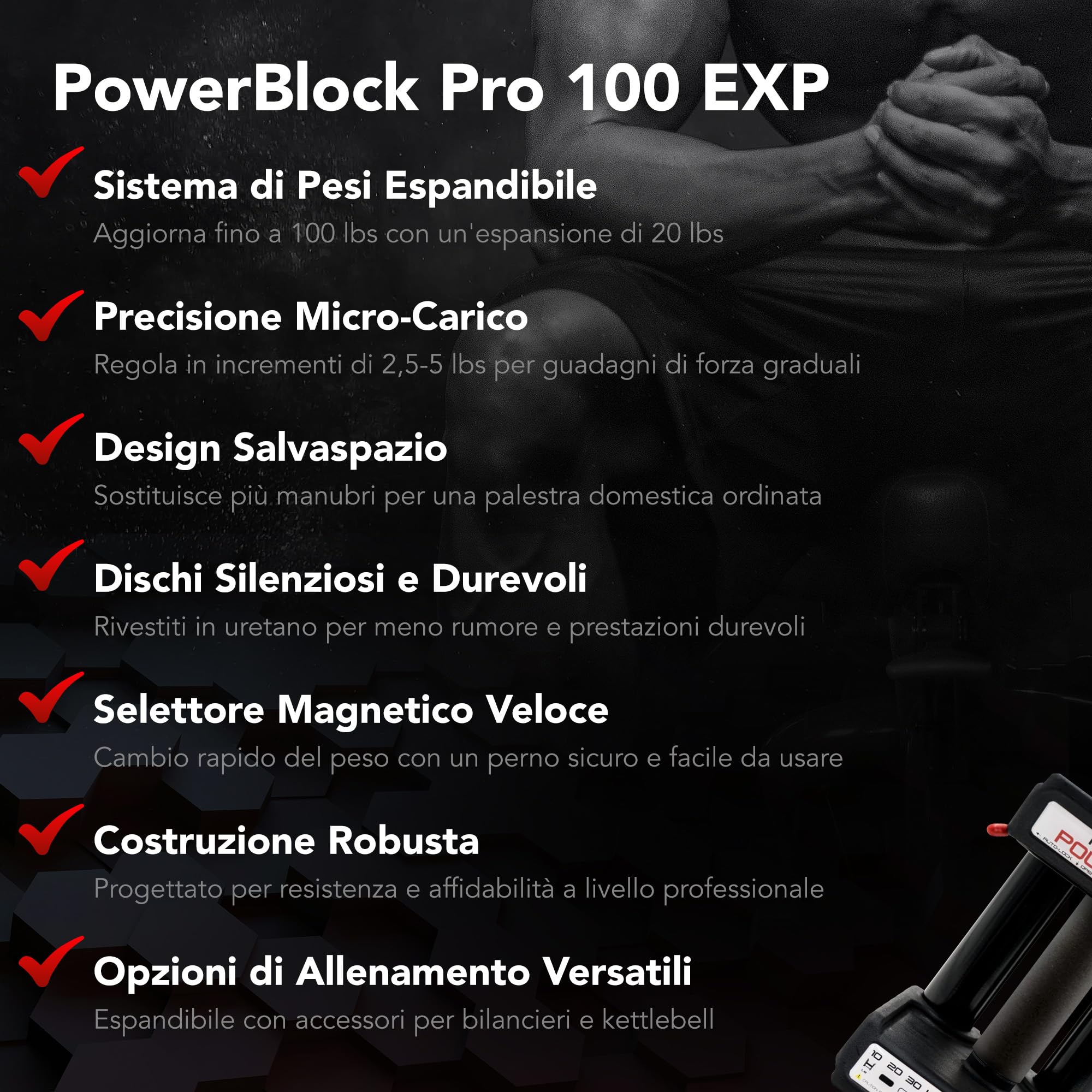 POWERBLOCK Pro 100 EXP Stage 1 - Set di manubri regolabili - Da 1 a 18 kg per manubrio - Struttura in acciaio robusta, espandibile con kit di estensione - Adatto per un uso intensivo