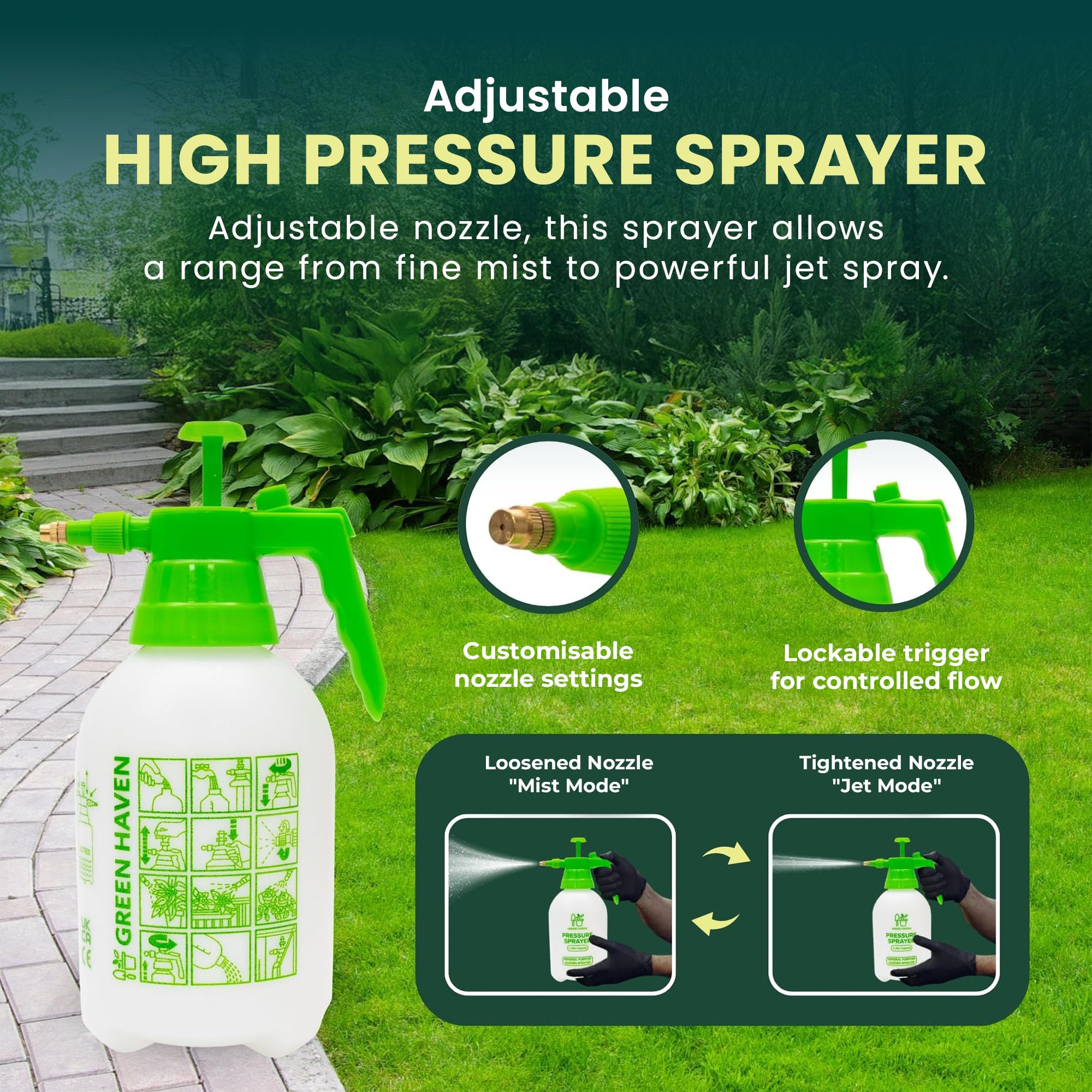 Green Haven 2 Litre Garden Pressure Sprayer – Pump Action Sprayer with Adjustable Nozzle & Carry Strap – Weed Killer, Pesticide & Fertiliser Sprayer — view 3