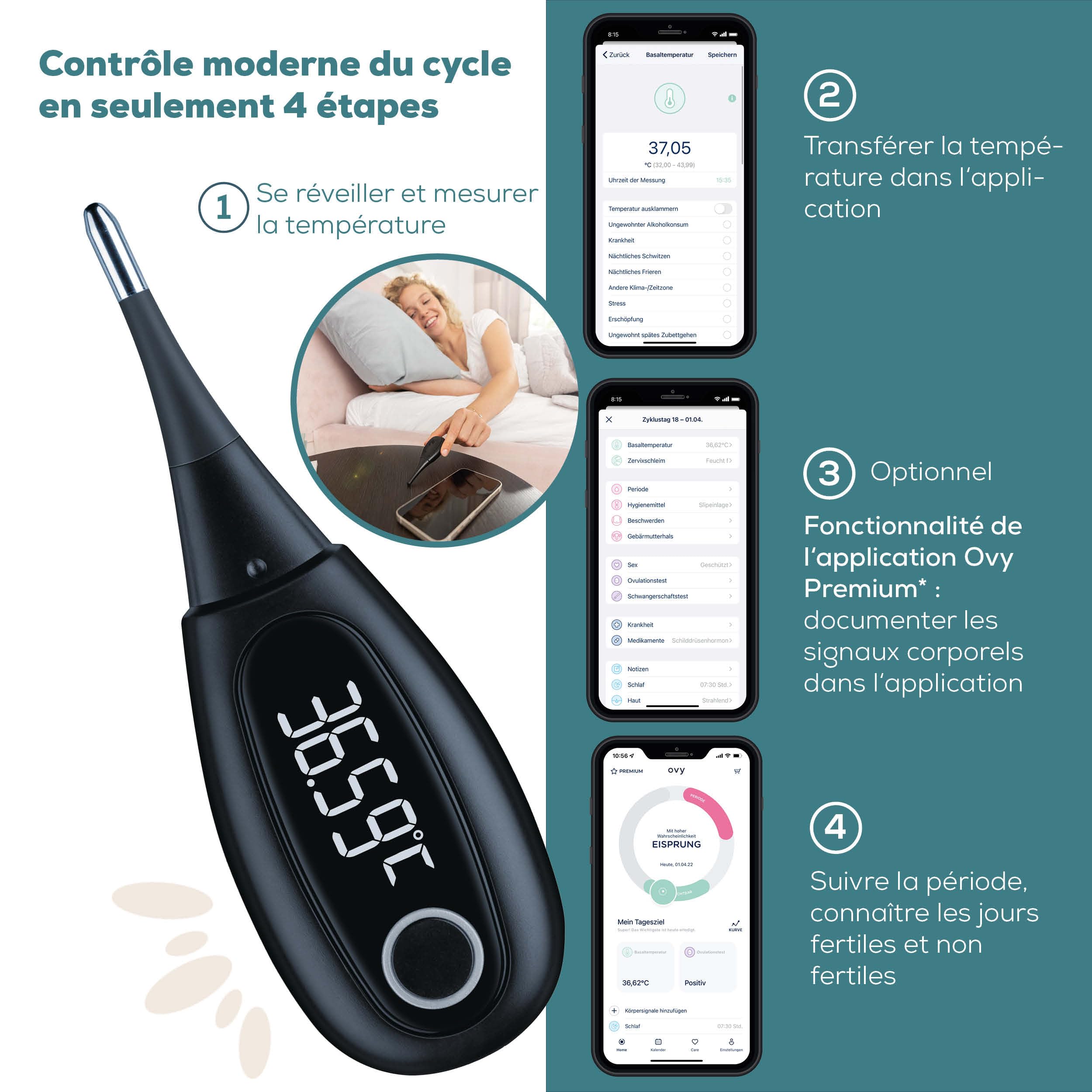 Beurer OT 30 Thermomètre Basal Connecté Bluetooth, Digital avec Application pour Détermination de l'Ovulation et Planification de la Grossesse , Noir