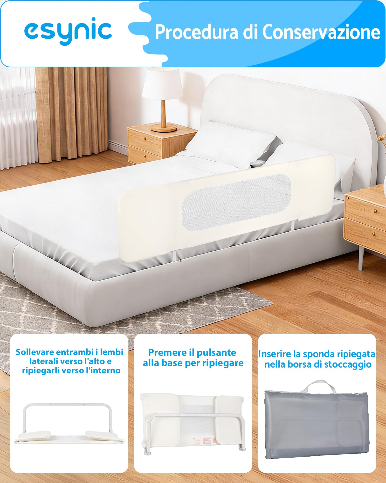 eSynic Barriera Letto Bambini 150cm, Pieghevole e Portatile da Viaggio, Altezza Regolabile su 19 Livelli da 2-26cm, Sponda Lettino a Tre Ante per Piccoli 0-5 Anni, Forma Variabile a L, U e I - Beige