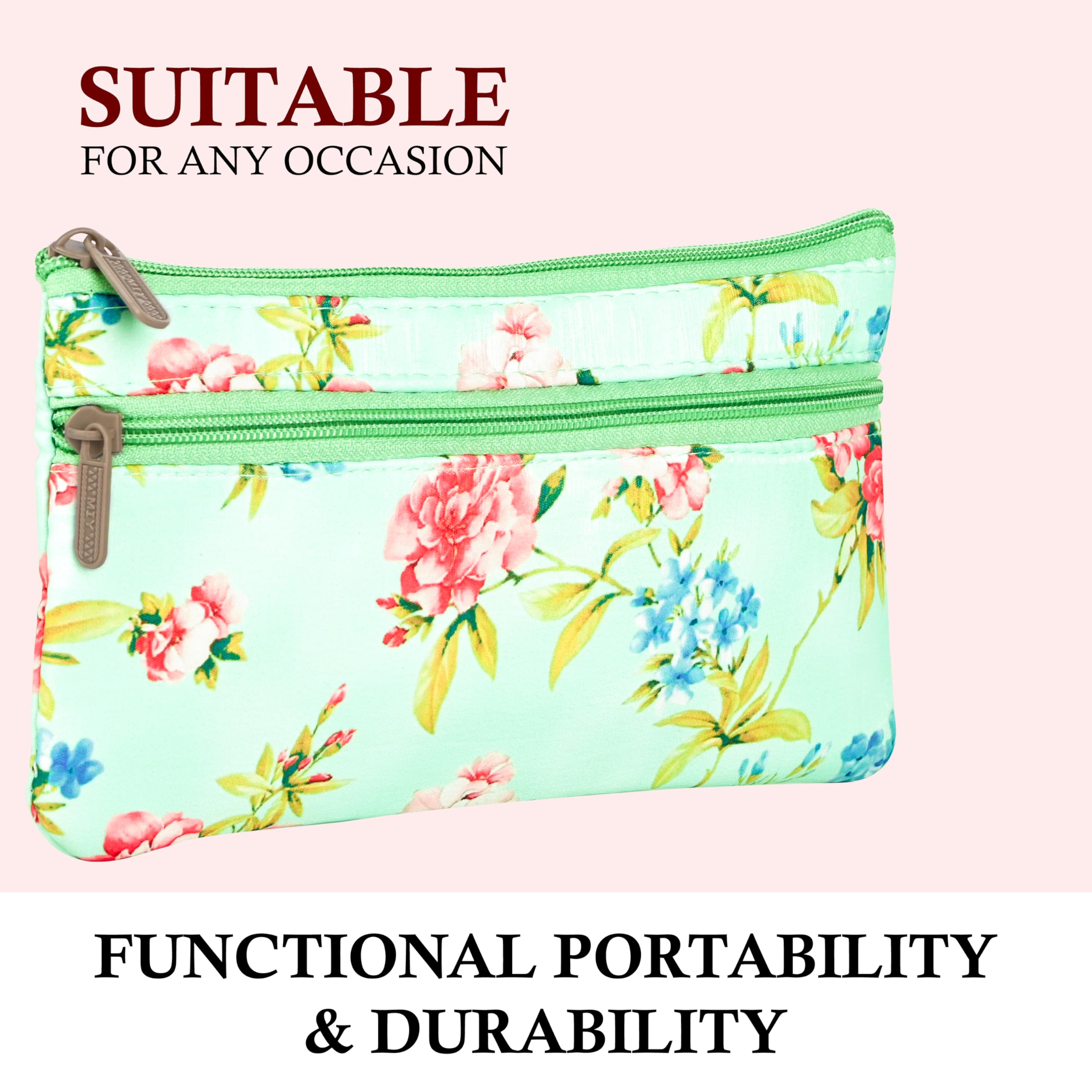 Kuber Industries 2 Pcs Silk Small Hand Purse for Women with Zip Closure | Cloth Cash Pouch for Women | Return Gift Purse for House Warming Function & Baby Shower Ceremony | Floral Print - Green 1