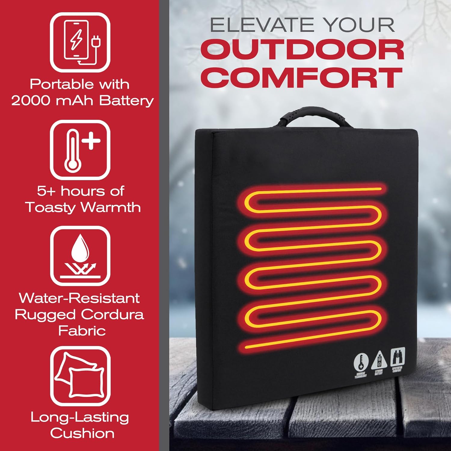 Bench Warmer Portable Battery Heated Stadium Seat Cushion. with Rechargeable Power Pack Included. Rugged Cordura Fabric, Black