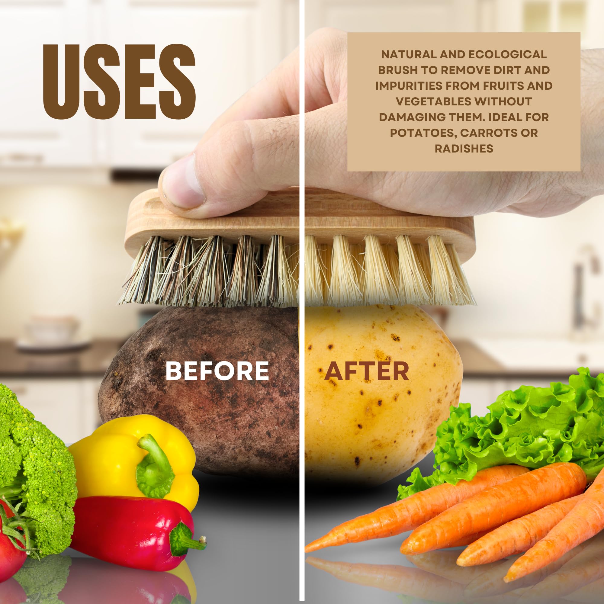 Brosse à légumes en hêtre pour fruits et crudités - Design ergonomique - Brosse de cuisine en bois
