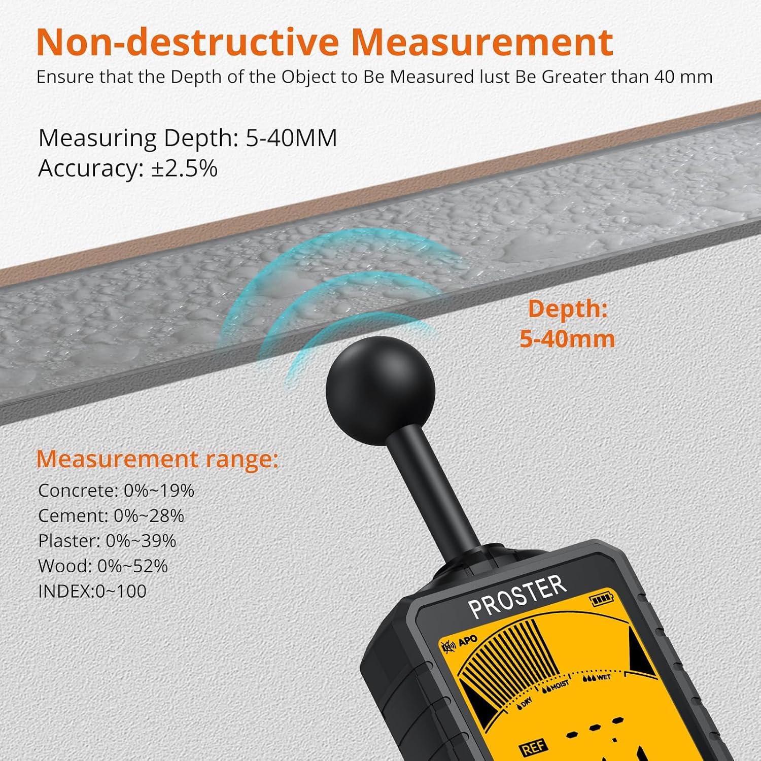 Diagram showing non-destructive measurement depth of 5-40mm