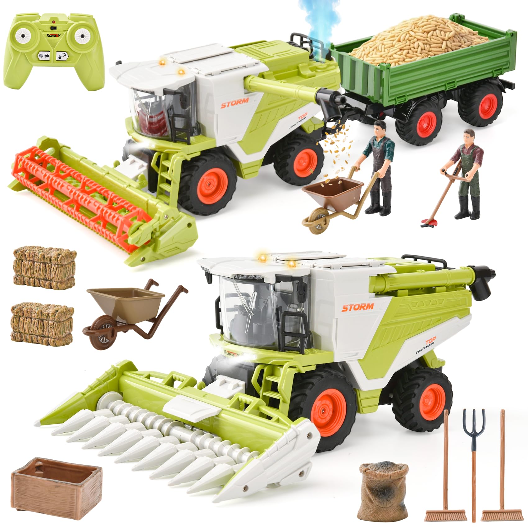 2 en 1 RC Cosechadora teledirigida grande, juguete cosechadora con luz, sonido y función de pulverización | Varios accesorios para escenarios de granja niños de 3 a 8 años