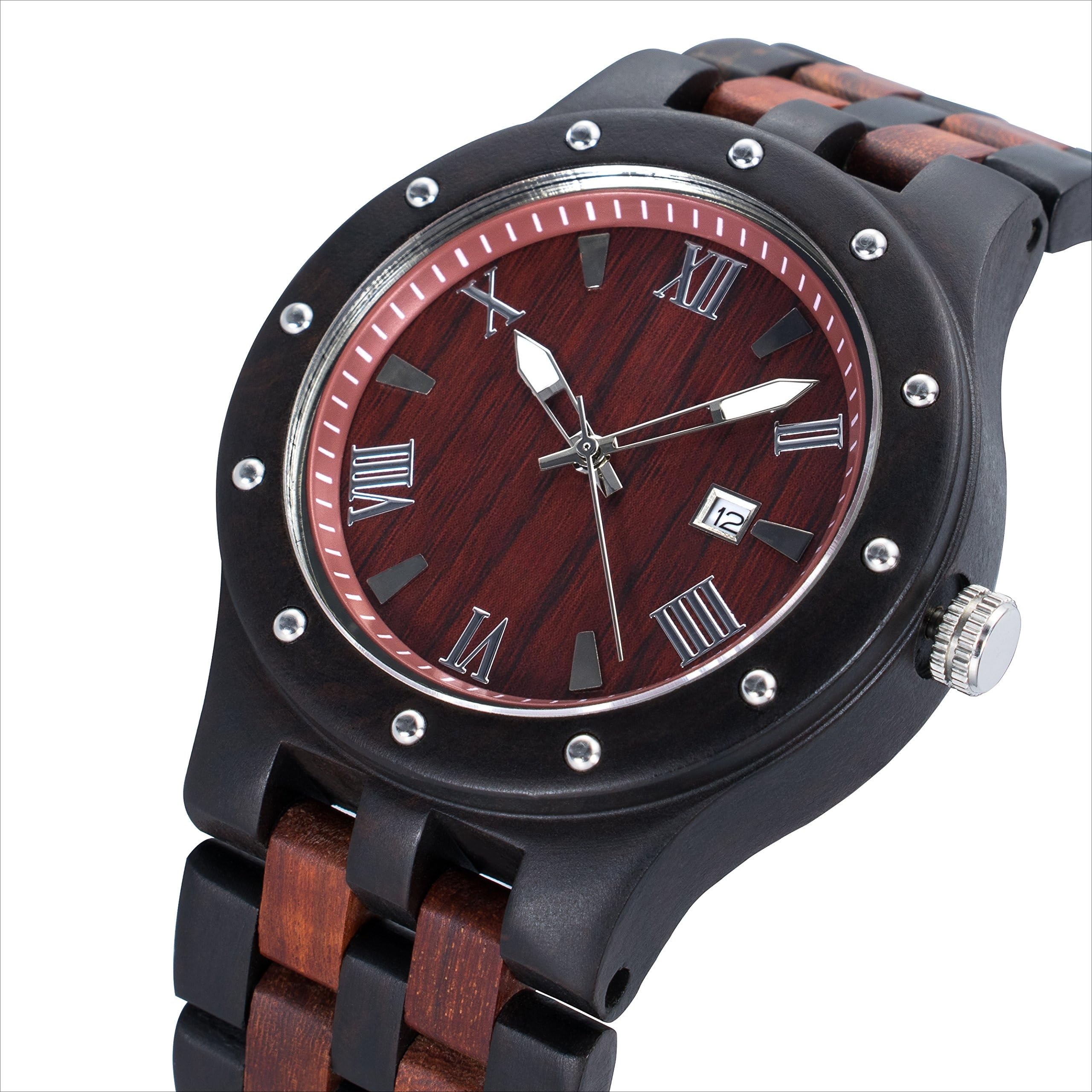 BEWELL - Reloj de pulsera de madera para hombre, hecho a mano, con visualización de fecha, analógico, de cuarzo,