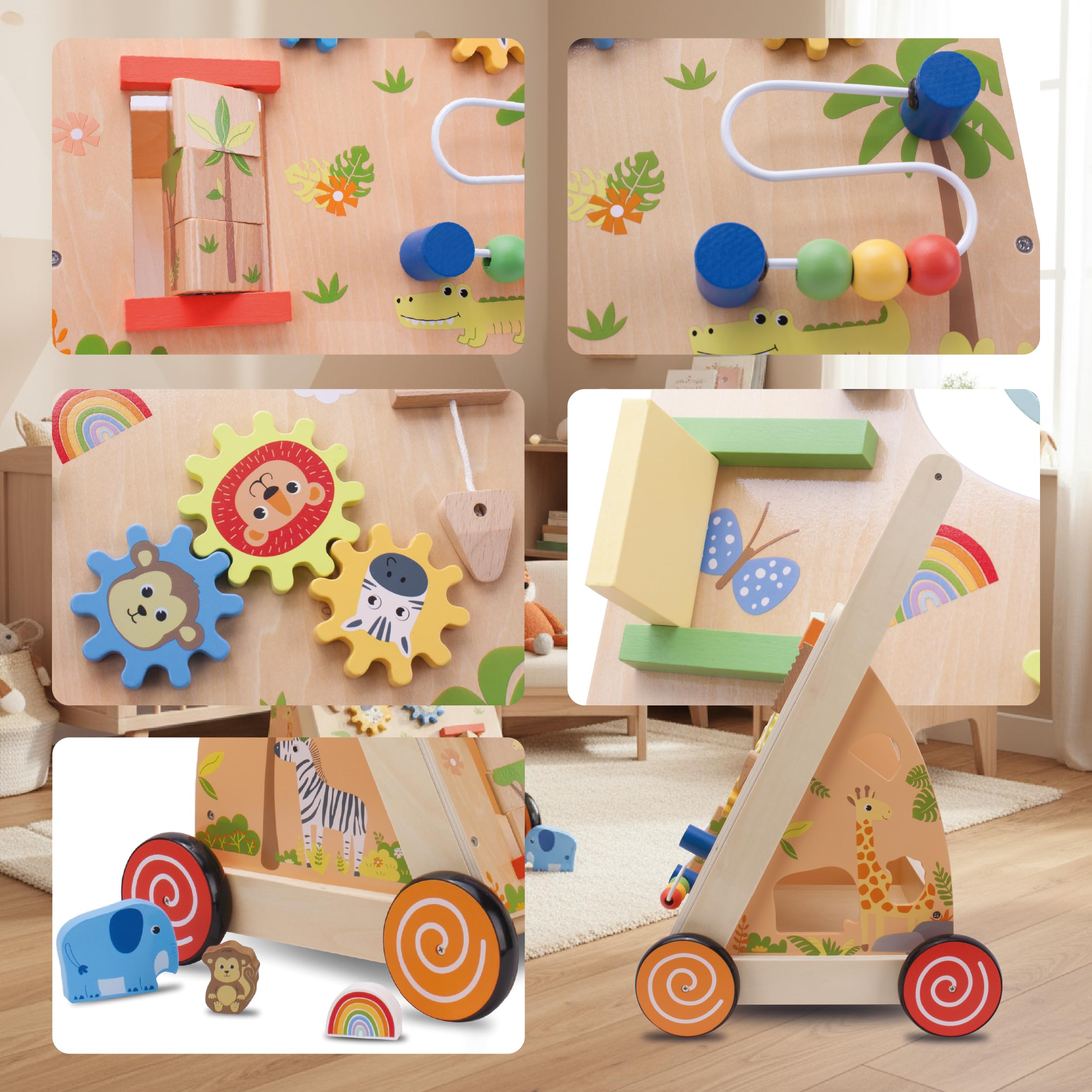 SUN BABY Interactive Baby Push Walker 12-36 Months - Brown | Activity board, interactive toys and stable wheels