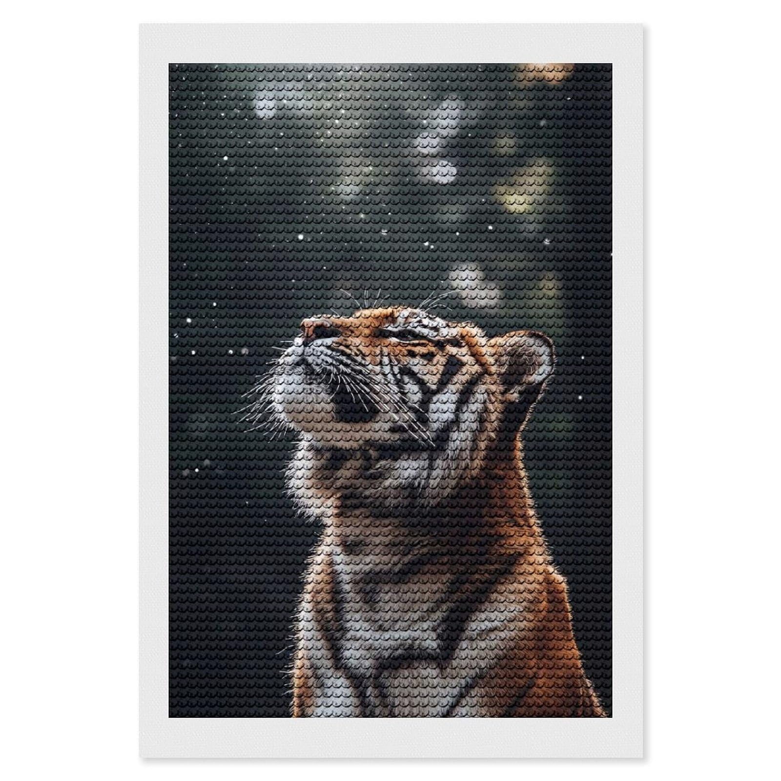 Junmoney Tiger Gazing Upward with Bokeh Lights Diamond Art Kit 8"x12", for Beginners, Vintage Style Decor, Good for Quiet Evenings, Festive Craft Gift