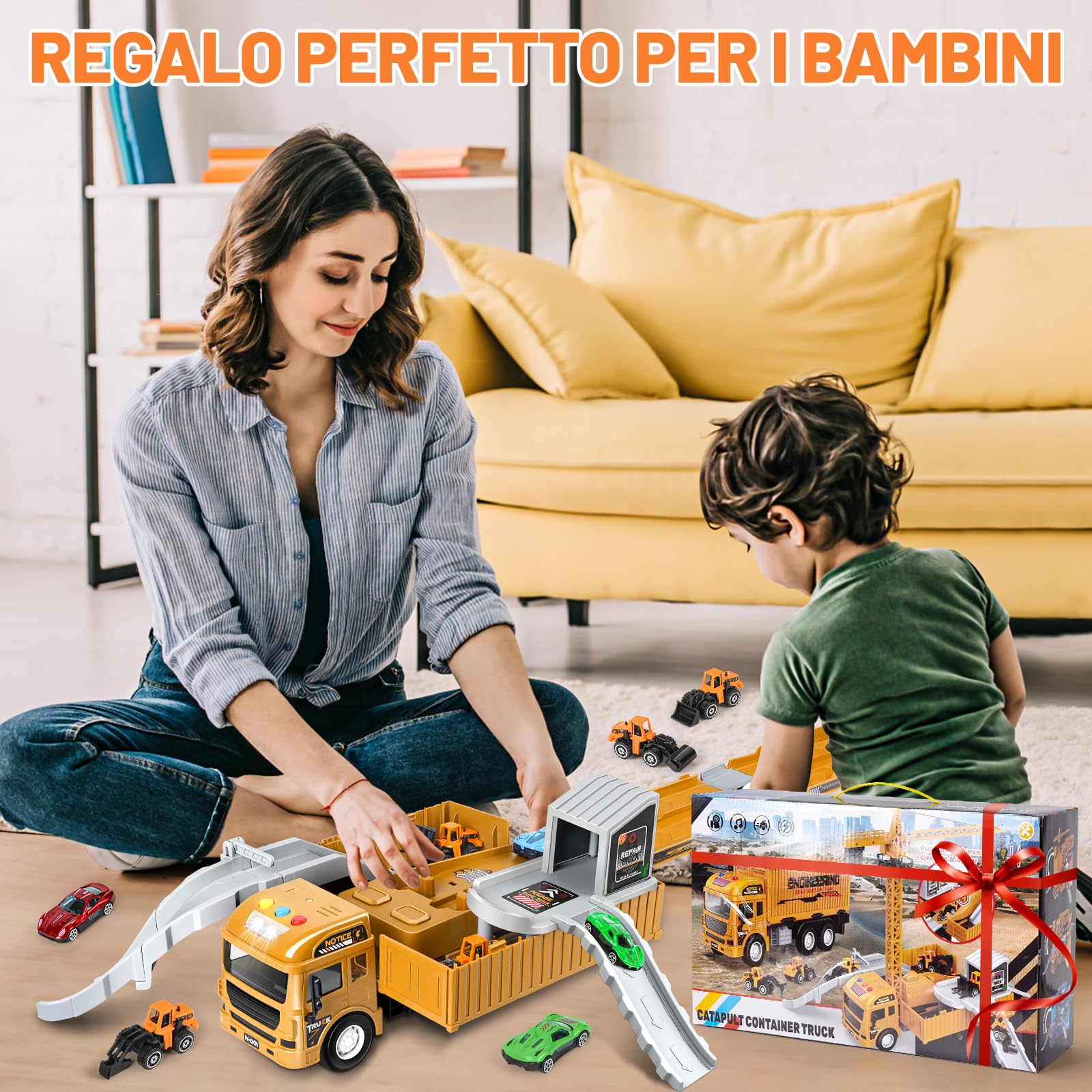 Camion Giocattolo per Bambini, Camion da Cantiere Giocattolo con Gru, Veicoli da Cantiere con Suoni e Luci, Regali di Compleanno e Natale per Bambini dai 3 Anni in Su