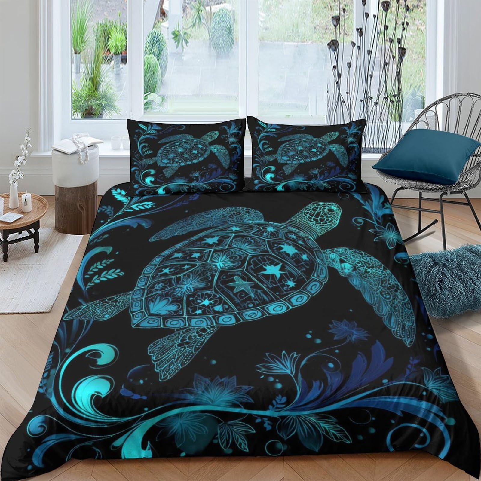 GPLZQXKJNH 3D Printed Sea Turtle Duvet Cover Microfiber Soft Ocean Wave Bedding Set with 2 Pillowcases for Bedroom Decor Single（135x200cm）