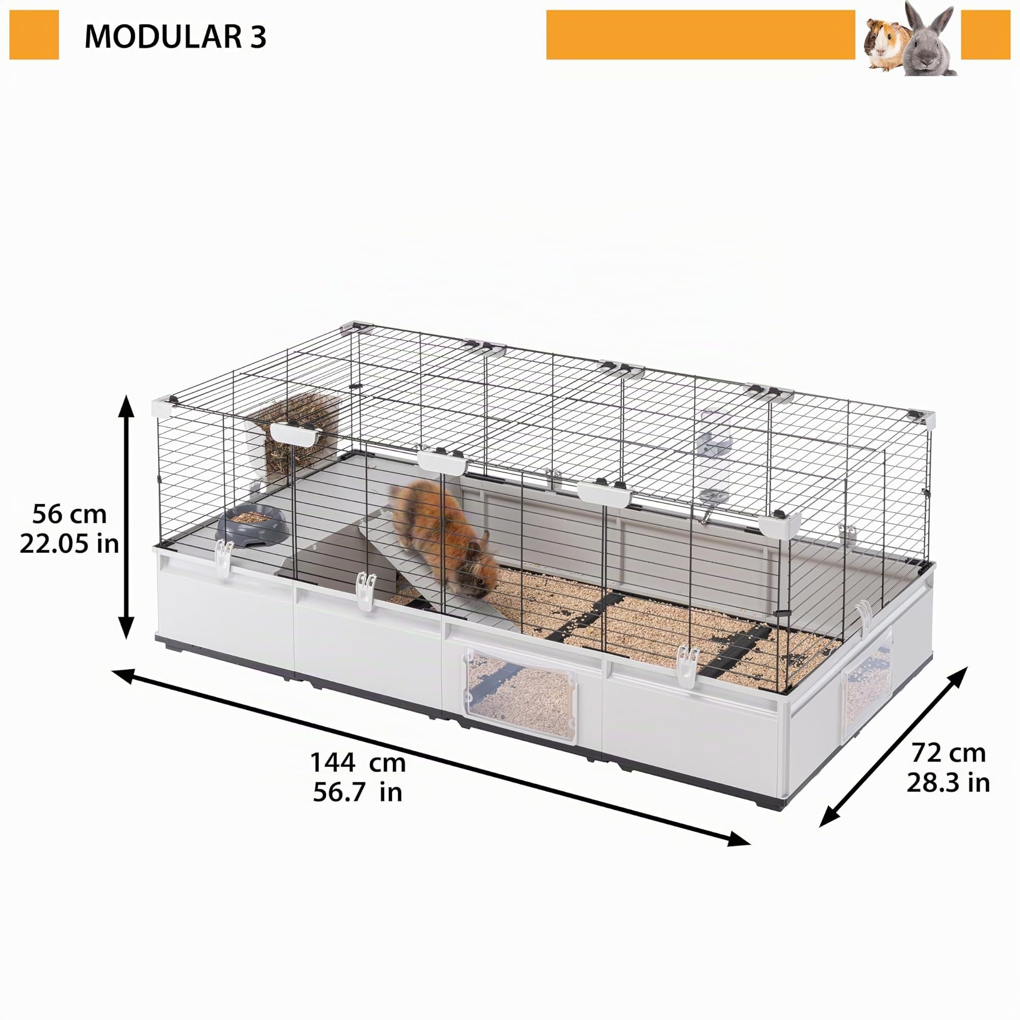 Ferplast Gabbia per Conigli, MODULAR 3 Gabbia per Porcellini d'India, Modulabile, Espandibile, Gabbia Grande con Accessori inclusi, Facile Pulizia, 144 x 72 x h 56 cm