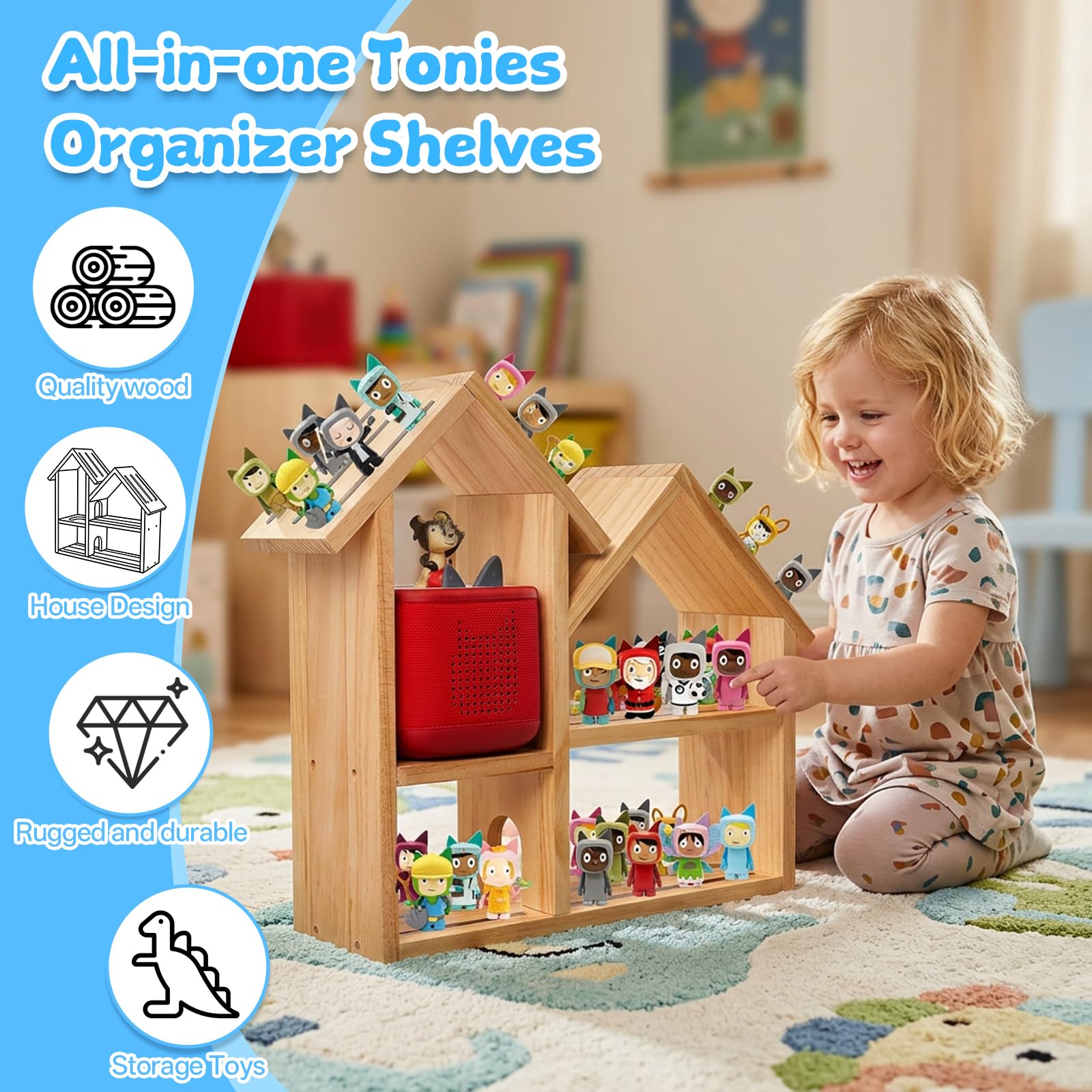 Gieanoo für Tonies Regal Kompatibel mit Toniebox 2/1, Magnetische Tonies Aufbewahrung für 30–40 Toniebox Figuren, Tonies Organizer Aufbewahrung aus Holz, großes Regal für das Kinderzimmer