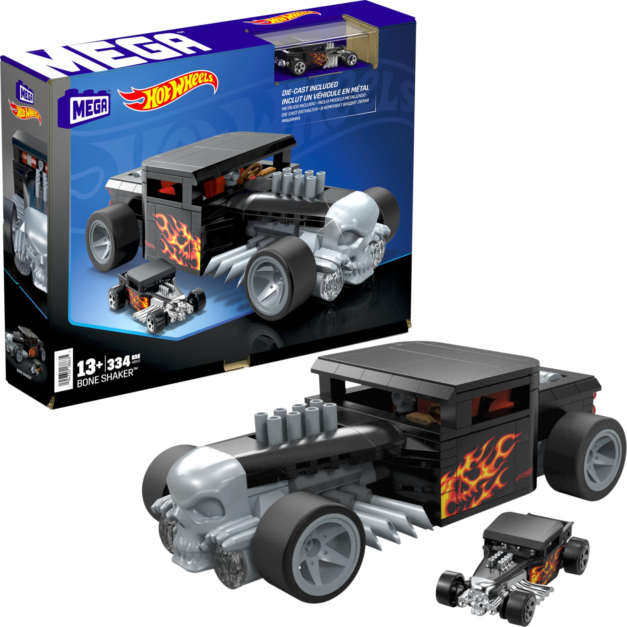 Hot Wheels Race Car Building Toys Set, Bone Shaker with 334 Pieces and Metal Die-Cast Model, Collector Replica, Black and Chrome, Kids & Adults, HRY17