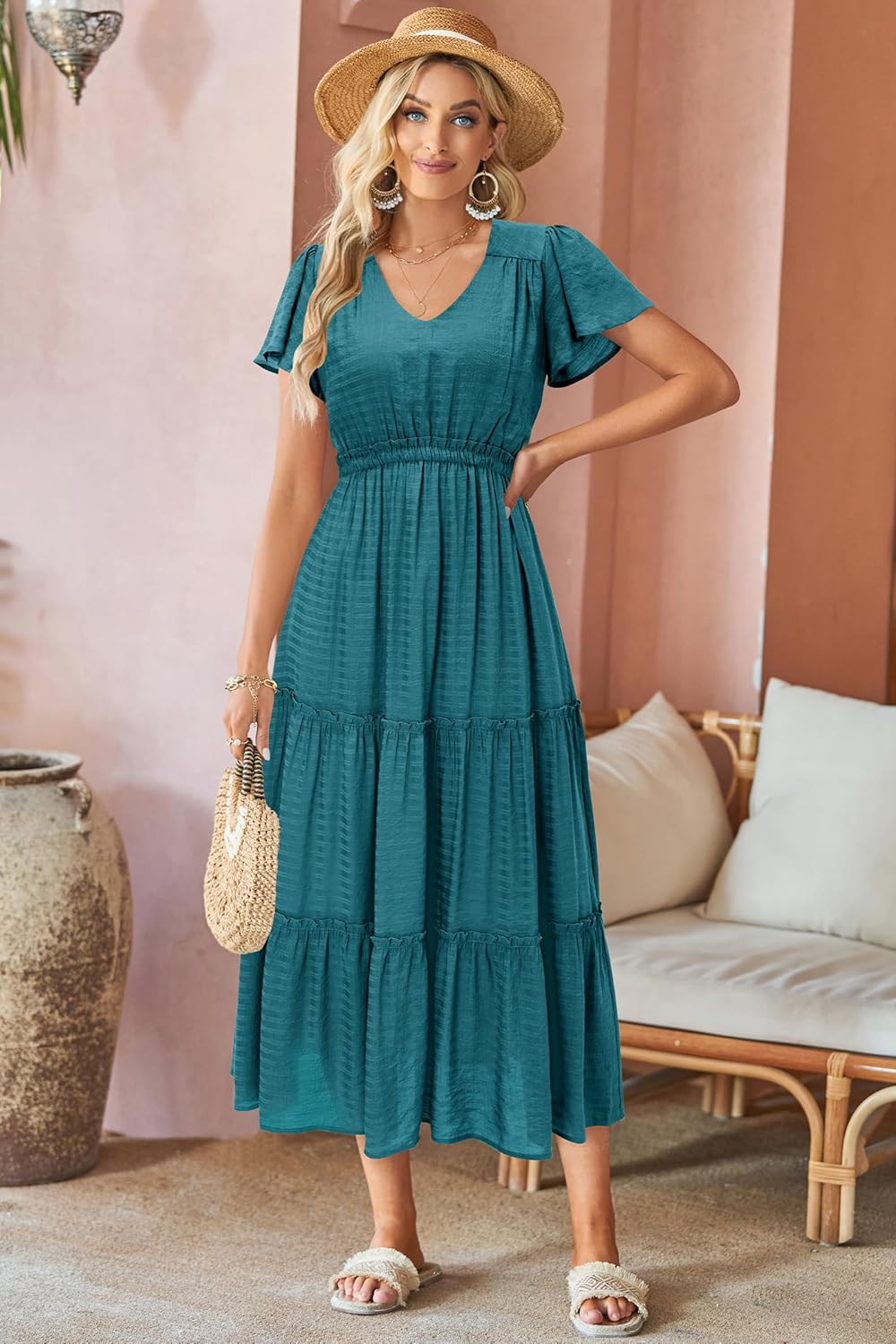 VOTEPRETTY Women's 2026 Summer Boho Maxi Dresses Flutter Short Sleeve V Neck Casual Beach Wedding Guest Vacation Long Dress - Image 2
