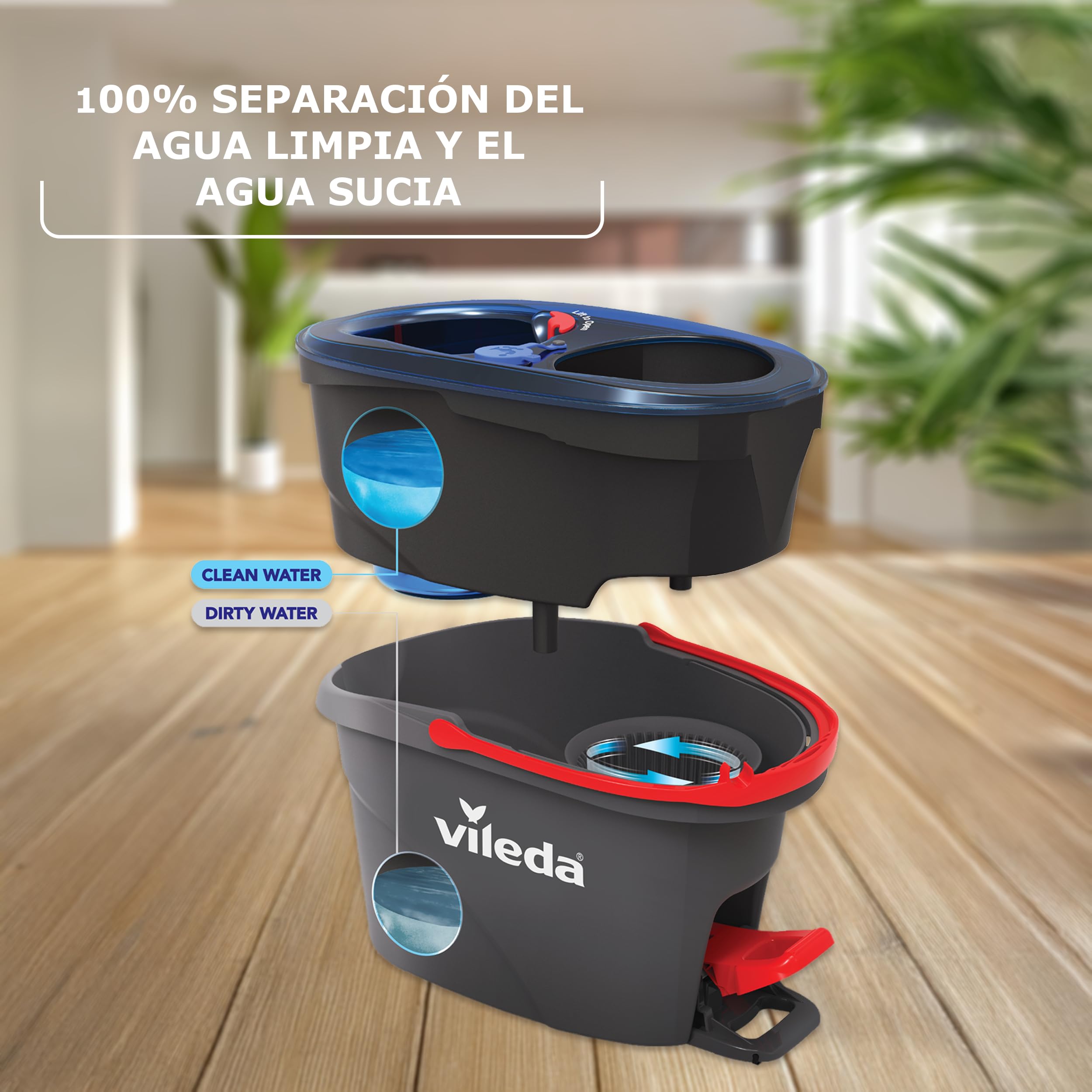 Vileda H2PrO - Sistema de fregona giratoria Vileda H2PrO | Separación de Agua de Doble Compartimento | Escurrido sin Esfuerzo | Limpieza con Microfibra | Sin Usar Las Manos | Diseño ergonómico