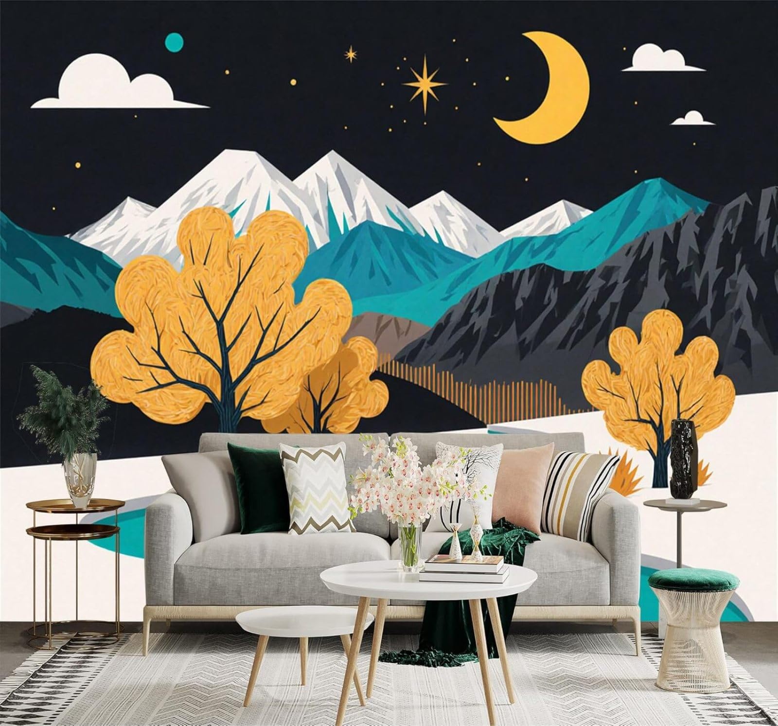 XLMING Moonlight Mountain Peaks Rivers Trees Autumn Scenery 3D Wallpaper Silky Texture Home Study Office Grey Dining Room Sofa Bedroom Living Room TV Backdrop-400cm×280cm