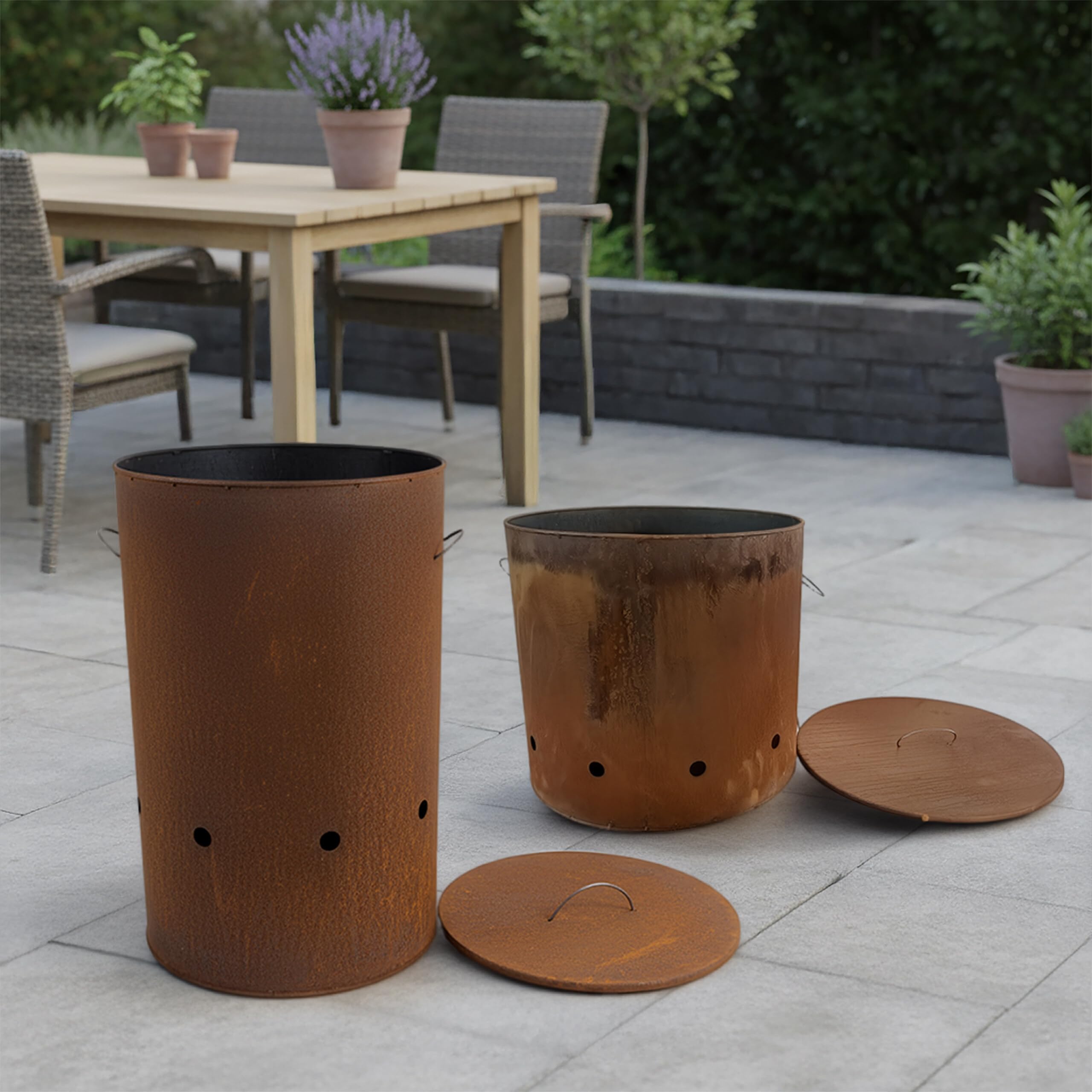 Relaxdays Tonneau à feu en Acier Corten, Aspect rouillé, H45xD49,5cm, brasero avec Couvercle, Brun rougeâtre XL