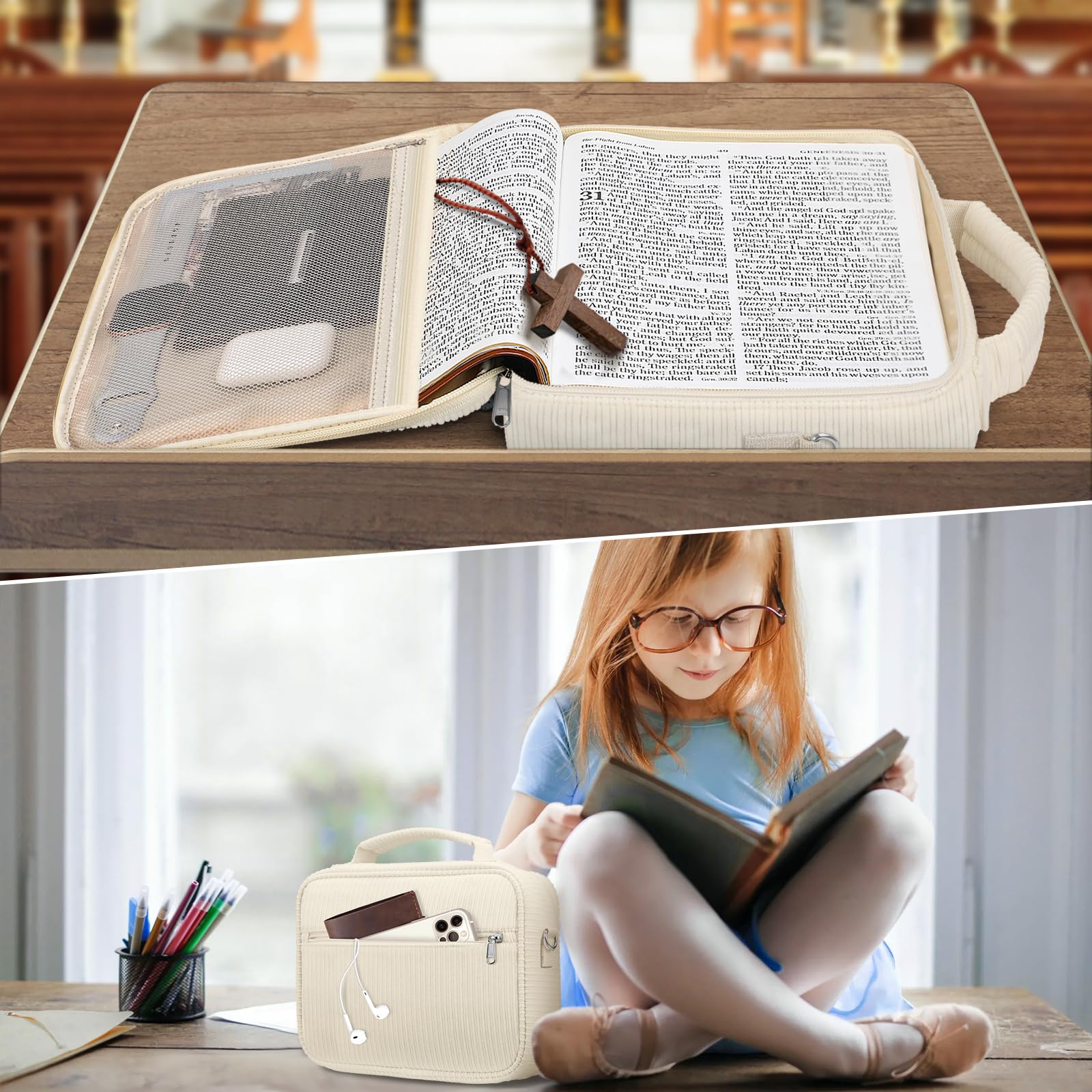 FINPAC Duża okładka biblijna, z paskiem na ramię, sztruksowa, biblijna, ochrona biblijna, z zamkiem błyskawicznym dla mężczyzn i kobiet, kolor beżowy