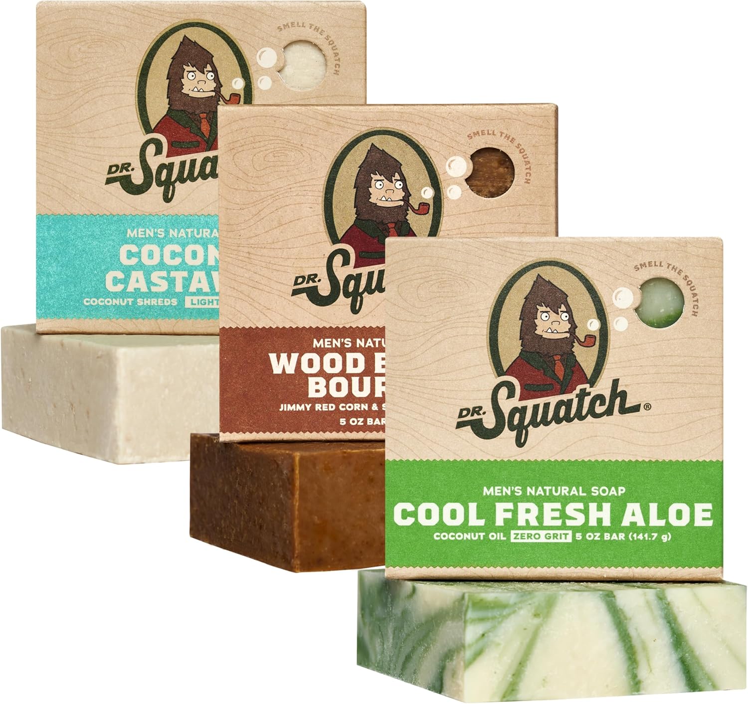 Dr. Squatch Natural Men’s Bar Soap - Cold Process Body Soap Bar with Natural Oils - Gifts for Men - Wood Barrel Bourbon, Coconut Castaway, Cool Fresh Aloe (5 oz, 3 pack, Scents May Vary)