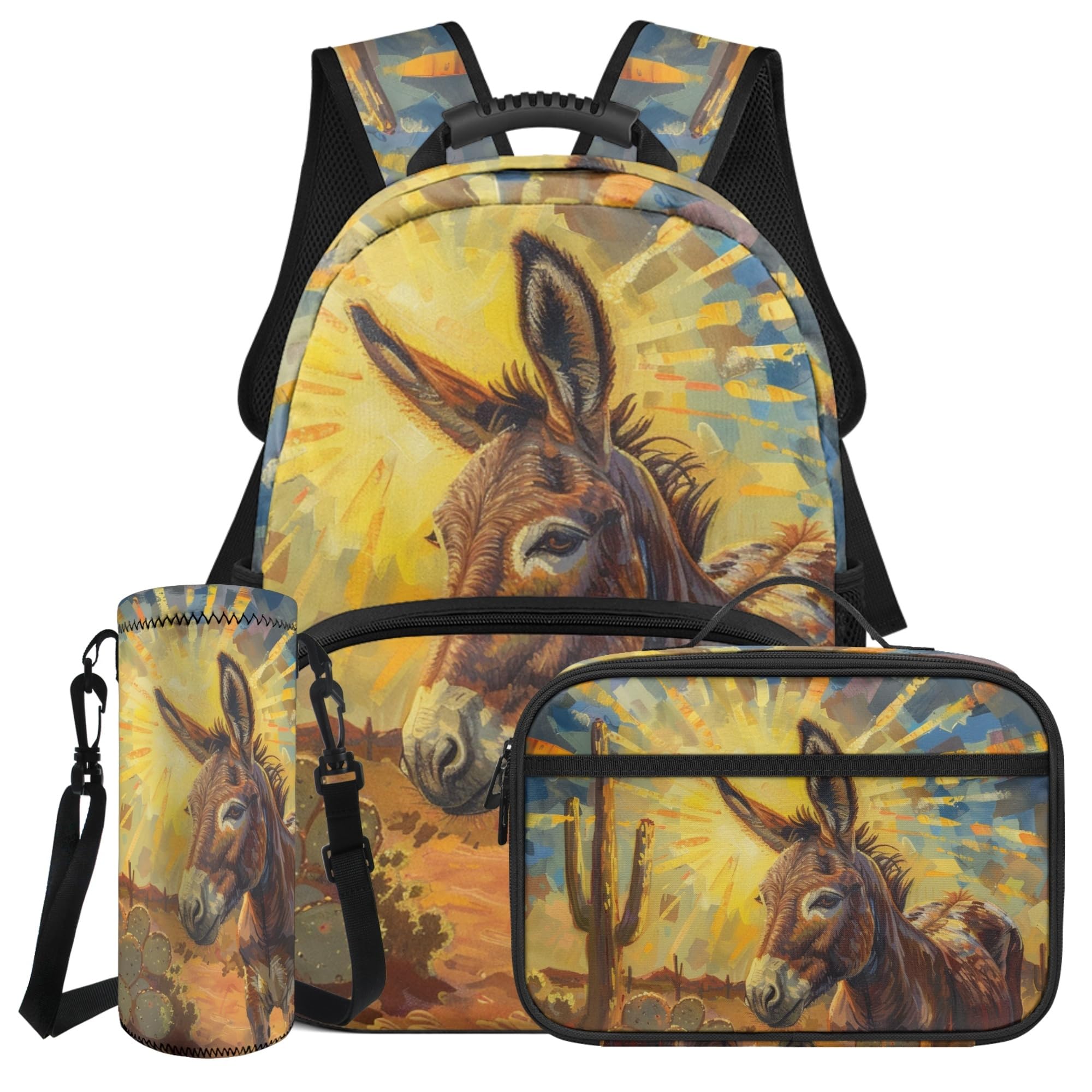 Chicprint 17 Inch Cartoon Backpack for Boys Retro Cacti Donkey Backpack with Lunch Box Ages 6-12 Large Lightweight School Bag with Lunch Bag Water