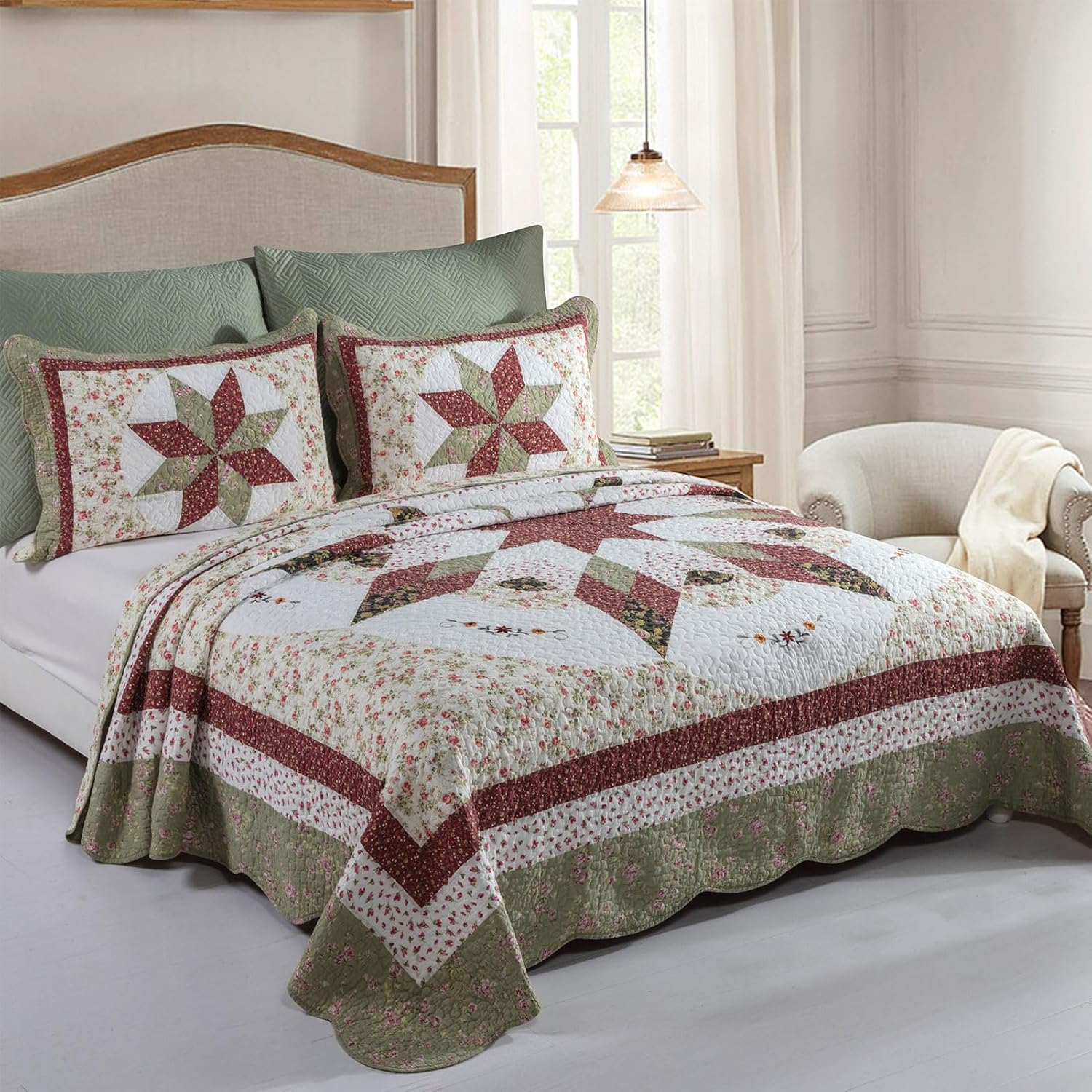 YAYIDAY Quilts Queen Size Patchwork Bedspread Set - 100% Cotton Reversible Breathable Red Star Geometric Quilted Quilt with Pillow Shams Fit All Seasons - Image 2
