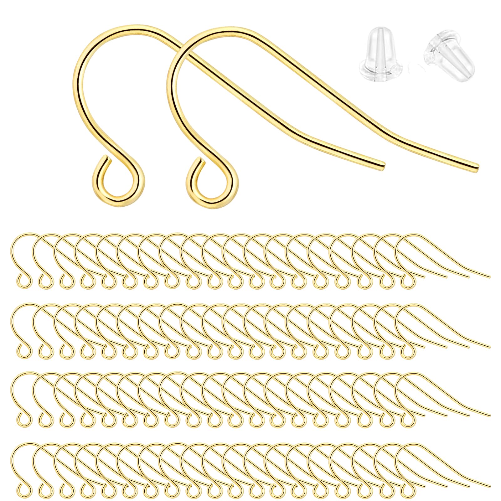 SAKDWUR 14K Gold Earring Hooks - 100Pcs Hypoallergenic Earring Hooks for Jewelry Making, Fish Earring Findings for Jewelry Making with 100Pcs Clear Rubber Earring Backs for DIY Jewely