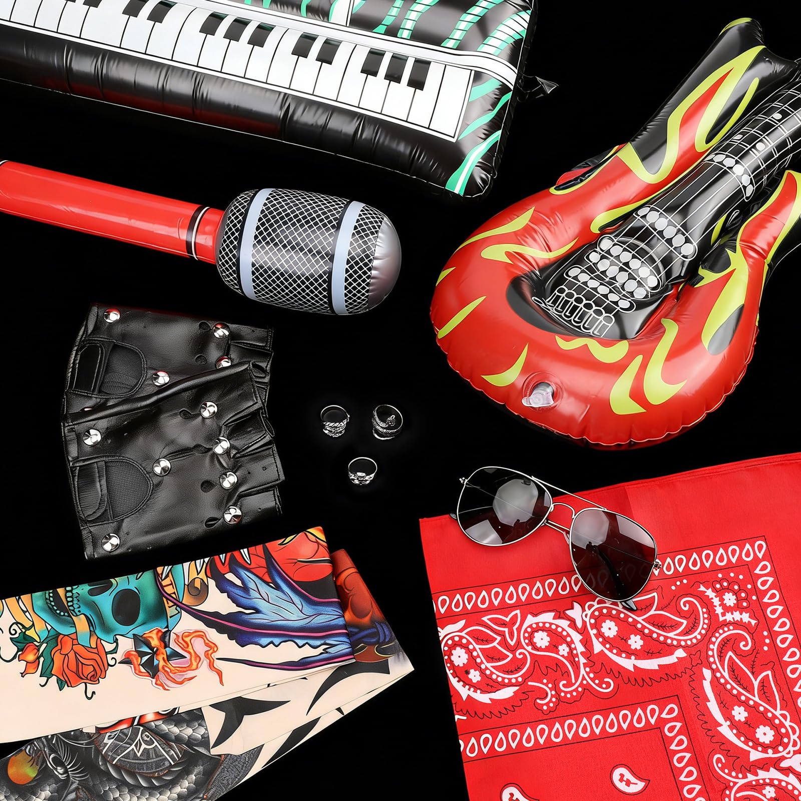 Athora 10Pcs Rockstar Fancy Dress Set including Inflatable Guitar, Piano, Microphone, Tattoo Sleeves, Sunglasses - Image 4