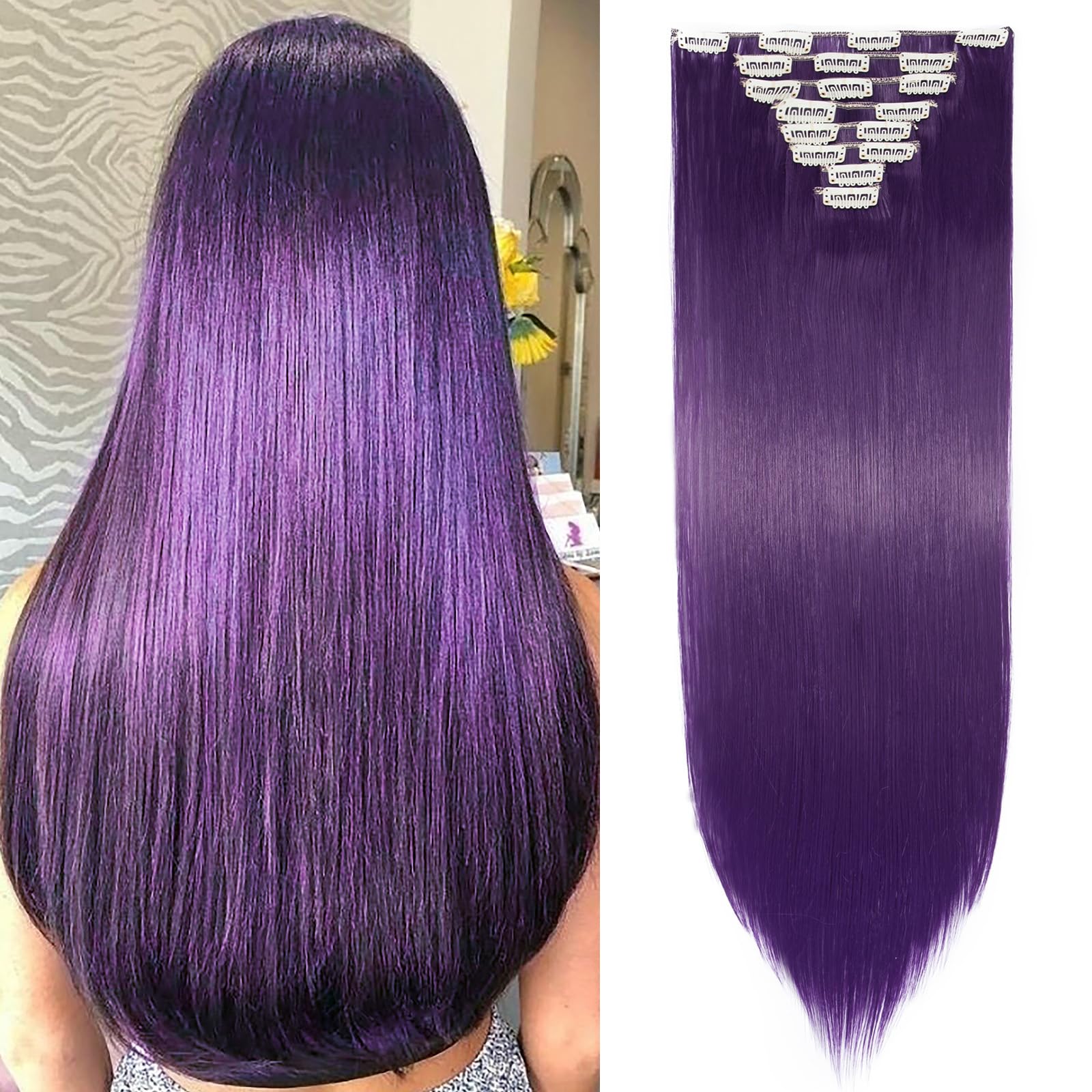 SEGOHAIR Hair Extensions Clip in 8Pcs 18 Clips Synthetic Fiber Seamless 26" Long Straight Full Head -Purple Blue