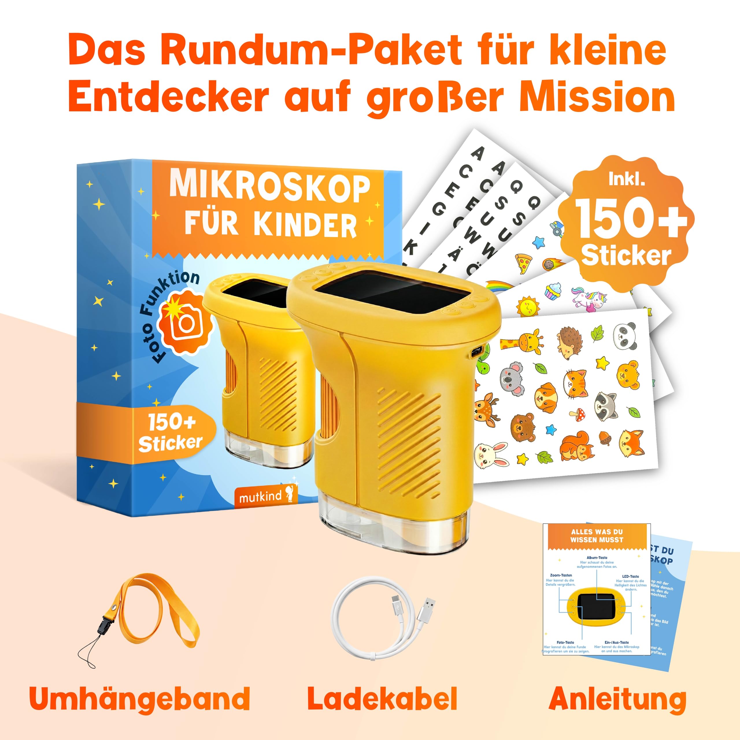 Mutkind® Digitales Mikroskop für Kinder [1000X Vergrößerung & Fotofunktion] - Tragbares Taschenmikroskop für Garten, Wald & Experimente - Kinder Mikroskop Spielzeug [HD-Bildschirm & 150+ Stickern]