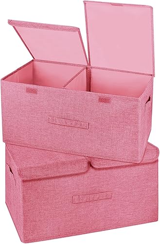 Vista 10 de Paquete de 2 cajas de almacenamiento grandes con tapas y asas, contenedores organizadores plegables de lino, canastas con divisor extraíble