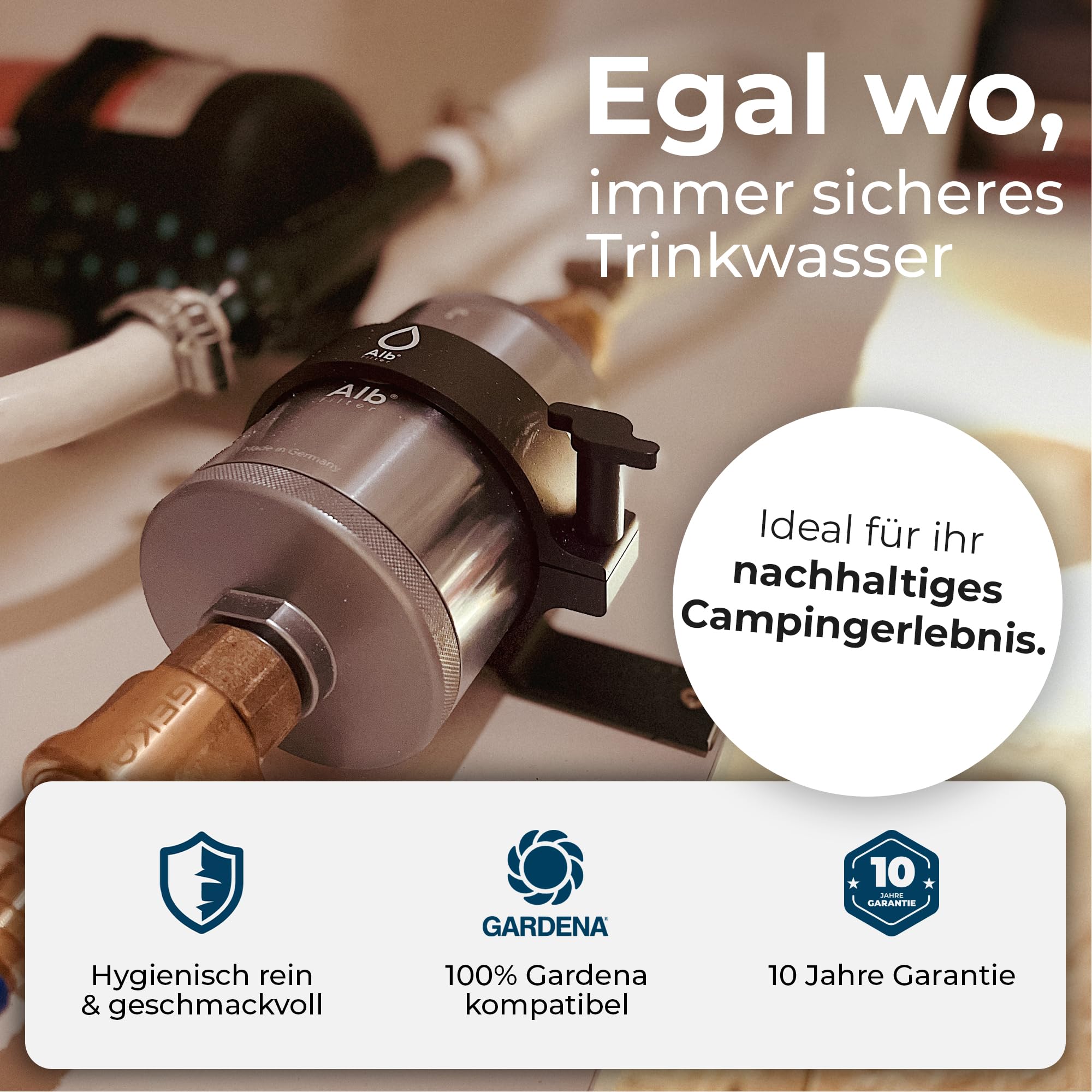 Alb Filter TRAVEL NANO Einbaufilter Camping Edelstahl Natur | Zertifizierte Keimsperre bis 0,1 µm gegen Keime, Festeinbau-Filter für Wohnmobil, Camper & Boot, Made in Germany
