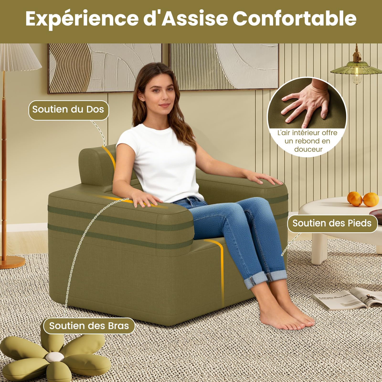 RELAX4LIFE Canapé Gonflable Convertible 1 Place, Fauteuil de Camping Gonflable Extérieur avec Pompe Portable|Sac de Transport|Sangles Latérales pour Camping, Voyages, Fêtes 176 x 84 x 81 cm