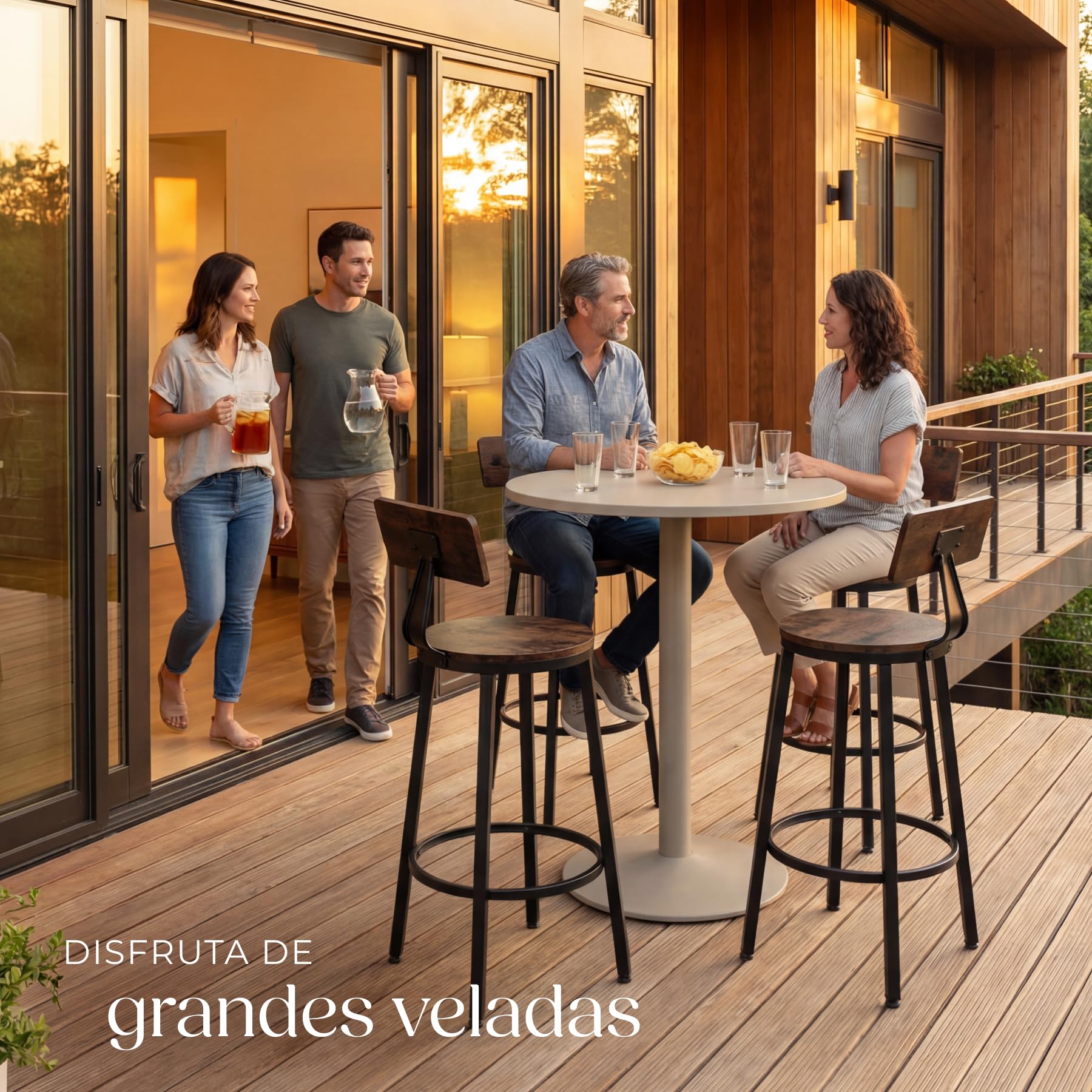 tectake® Taburete con Respaldo, Taburete Alto Cocina con Estructura de Acero, Taburetes Madera para Isla Cocina Resistentes, Sillas de Comedor - Set de 4 Madera Industrial Oscura, Rústica