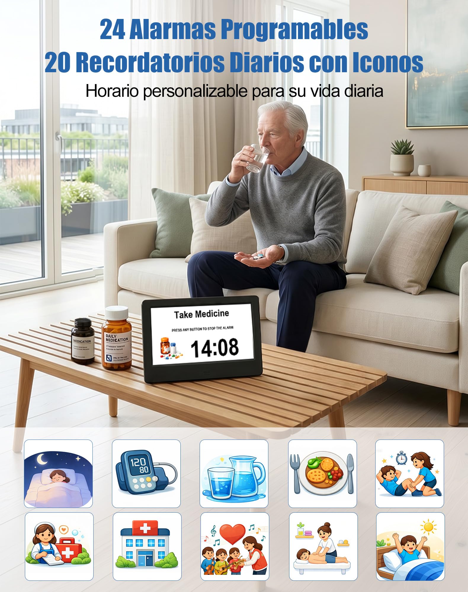 jely Reloj Digital para Personas Mayores 7'' Calendario Digital para Alzheimer y Pérdida de Memoria, 20 Recordatorios, 24 Alarmas, Marco de Fotos Digital, Control Remoto, Reloj de Pared y Mesa - Negro