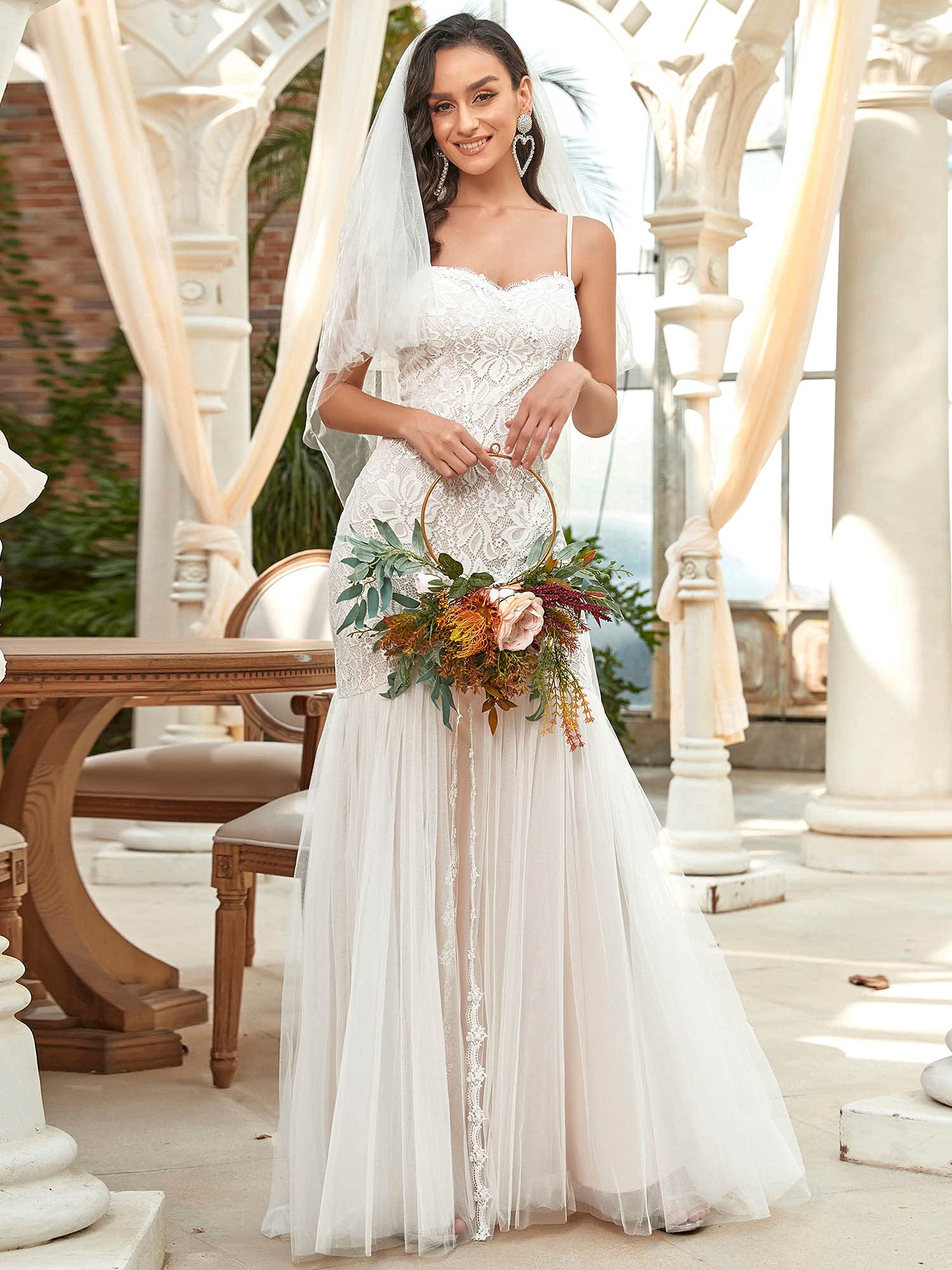 Ever-Pretty Vestito da Sposa Tracolla Regolabile Scollo a V in Tulle Bodycon Sirena Lunghezza del Piano da Donna con Cappella Treno EH90355