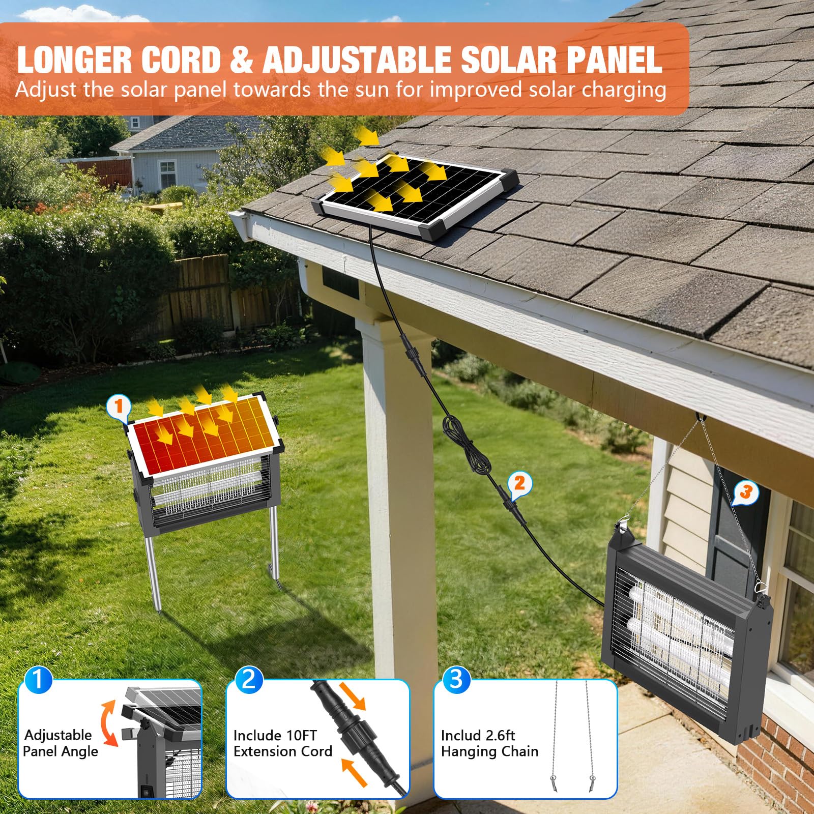 Solar Bug Zapper Outdoor, 4500V Wiederaufladbarer Wasserdichter Mückenvernichter mit Solarpanel Sensor, Elektrische Fliegenfalle, 3.0 m Kabel, Kabelloser Insektenvernichter für Terrasse Hof