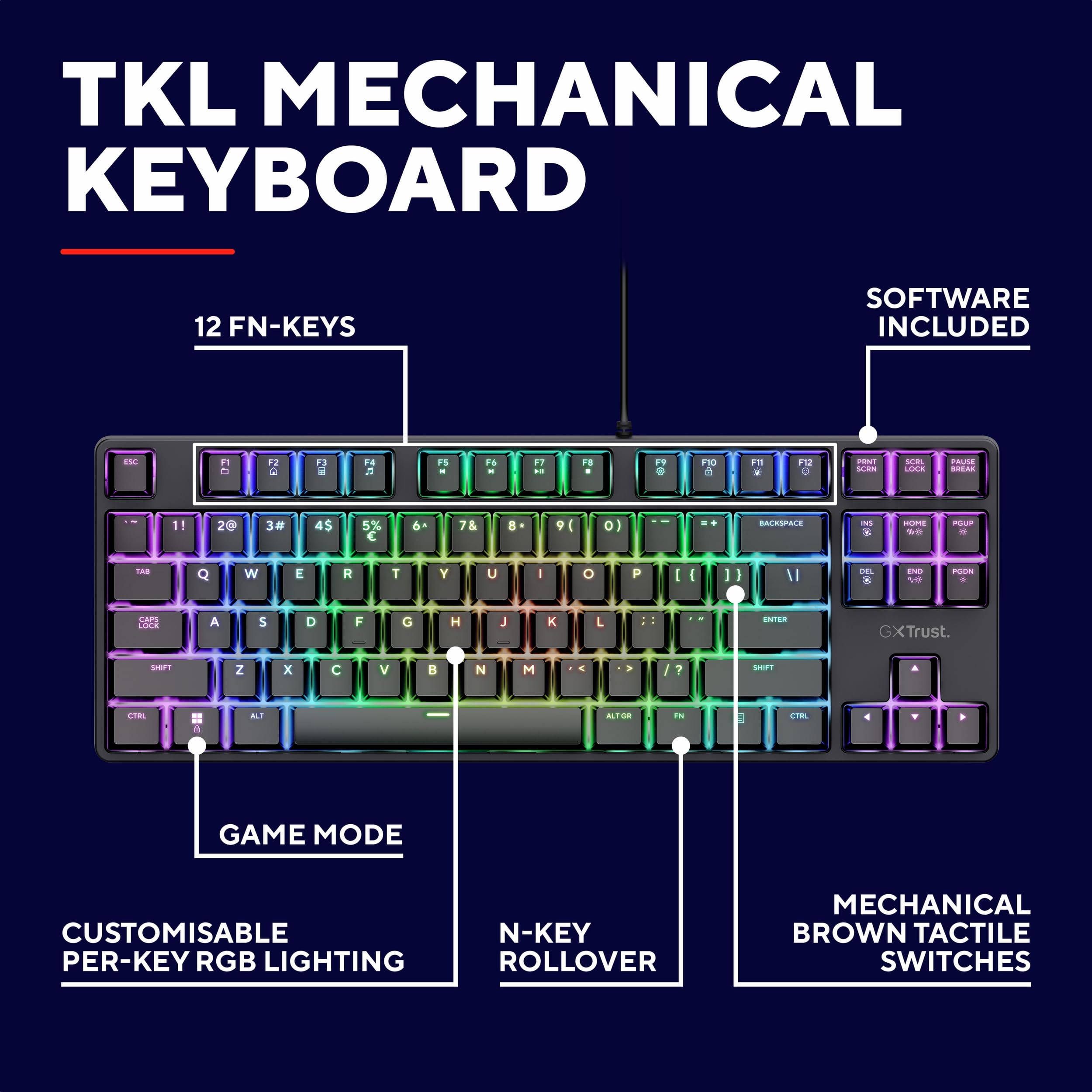 GXTrust 864 Klawiatura mechaniczna Cada TKL włoski układ QWERTY z oświetleniem RGB, przełączniki Huano Brown, oprogramowanie w zestawie, kompaktowa programowalna klawiatura do gier USB 80% PC Laptop