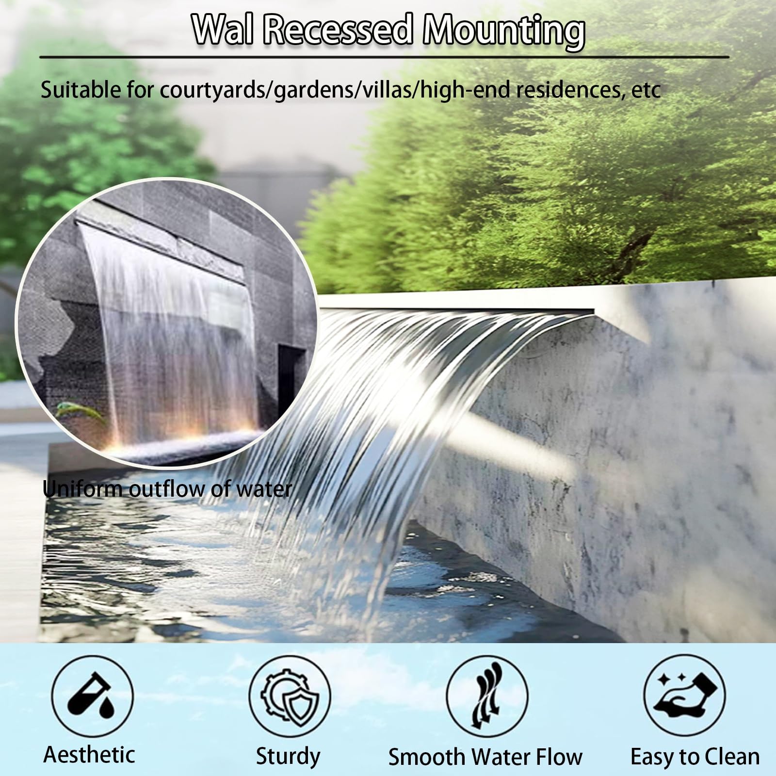 Cascata in acciaio inox Spillway per giardino, stagno, patio, fontana, ponte, fontana, piscina, cascata, esterno, flusso d'acqua, design in acciaio inox