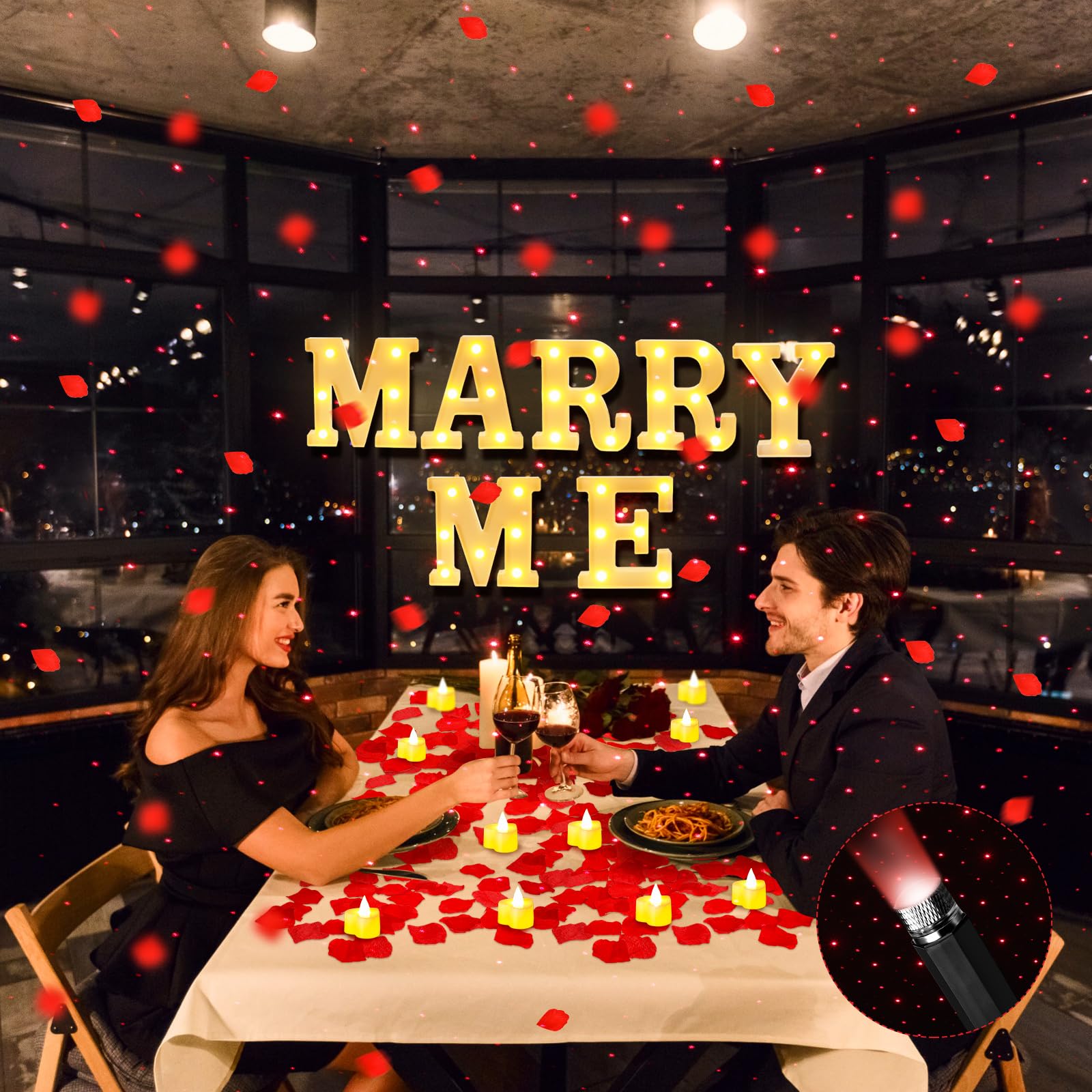 Hanaive 8128 letras iluminadas para decoración de propuesta de matrimonio, 7 piezas de letrero de cásate conmigo con 120 velas románticas de corazón, 8000 pétalos de rosa, 1 luz nocturna romántica USB