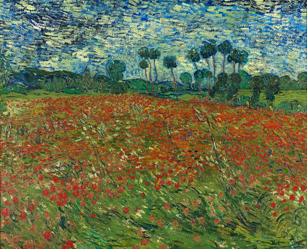 Tableau Poppy Field de Van Gogh grand format avec cadre marron satiné