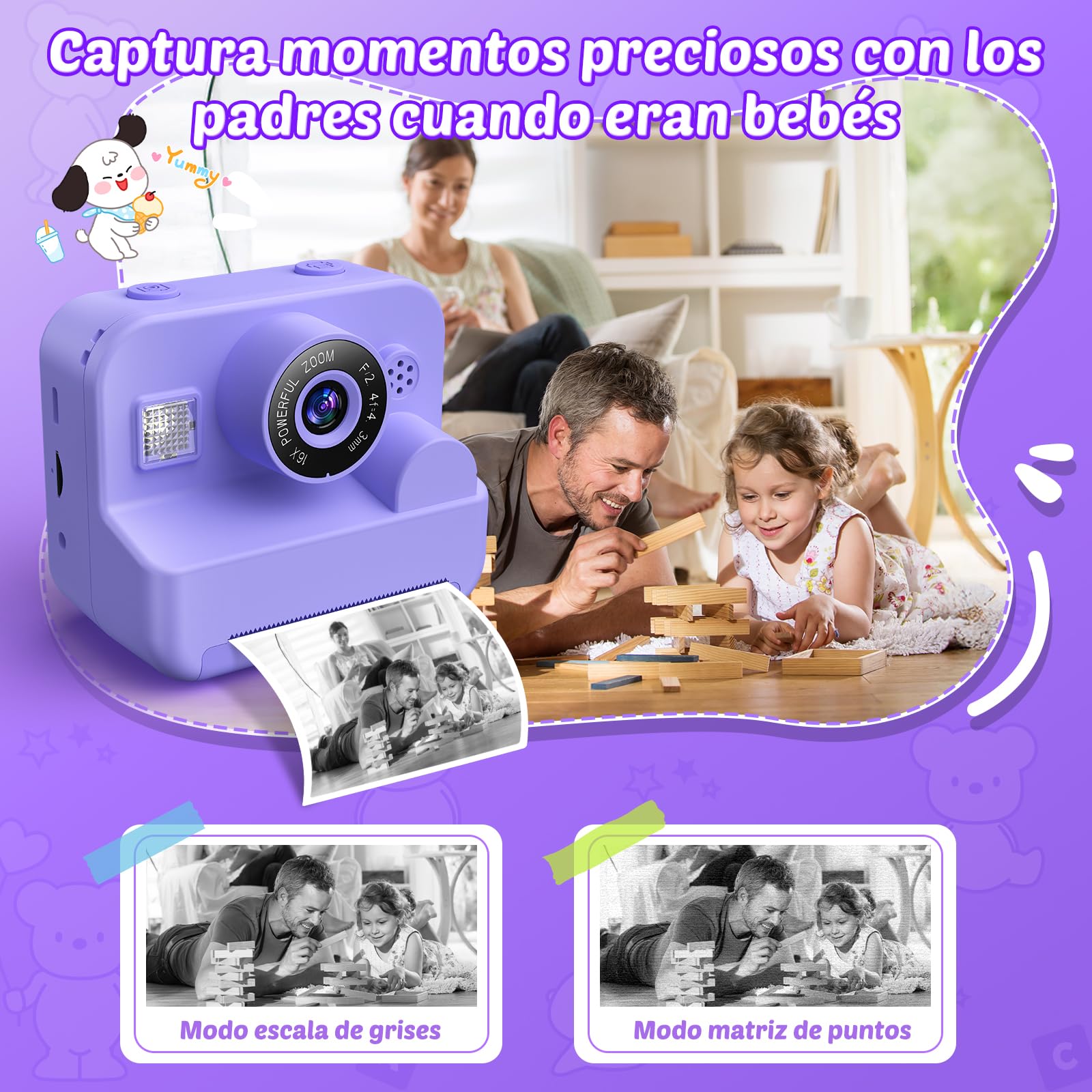Cámara de Fotos Infantil Instantáneas - 1080P 2.4" Cámara Selfie Instantánea para Niños con Papel de Impresión y Tarjeta 32GB, Juguete Regalo Navidad para Niño y Niña de 3 a 12 Años (Morado)