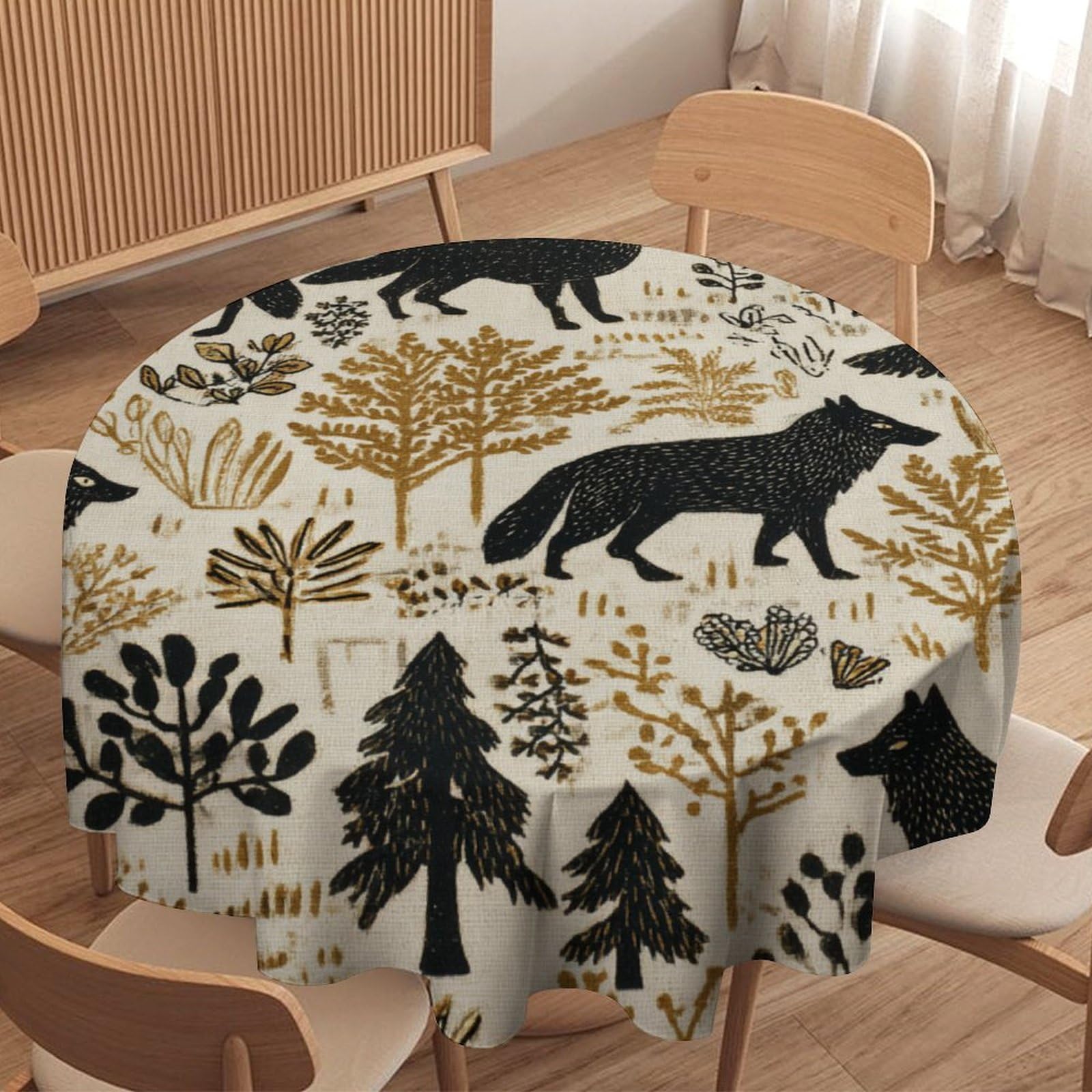LUYYSKY Classic Beautiful Wolves Silhouettes Waterproof Round Tablecloth Modern Watercolor Botanical Plants Animals Wolf Print Washable Table Cover for Kitchen-127 Wx127 L cm